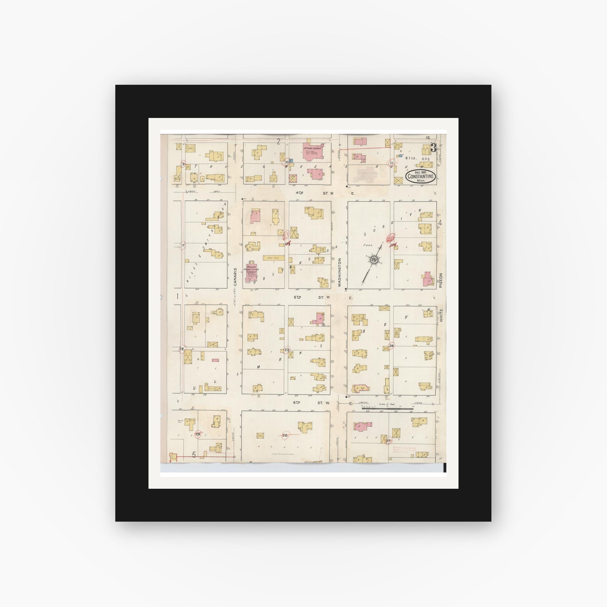 Old map wall art mockup — black gallery frame with white mat — Sanborn Fire Insurance Map from Constantine, Saint Joseph County, Michigan (1932), Sheet #0003