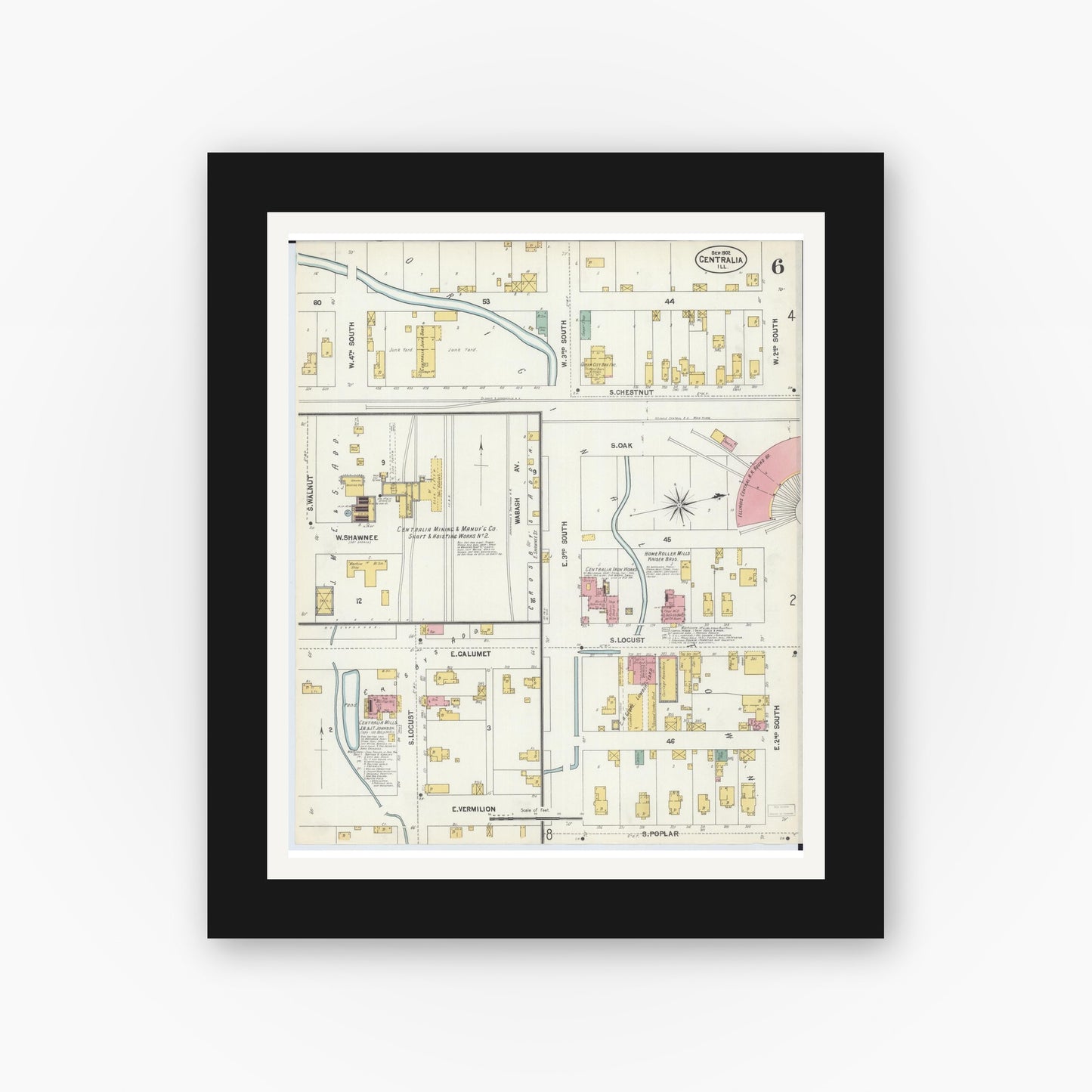Old map wall art mockup — black gallery frame with white mat — Sanborn Fire Insurance Map from Centralia, Marion, Clinton, Jefferson, and Washington Counties, Illinois (1902), Sheet #0006