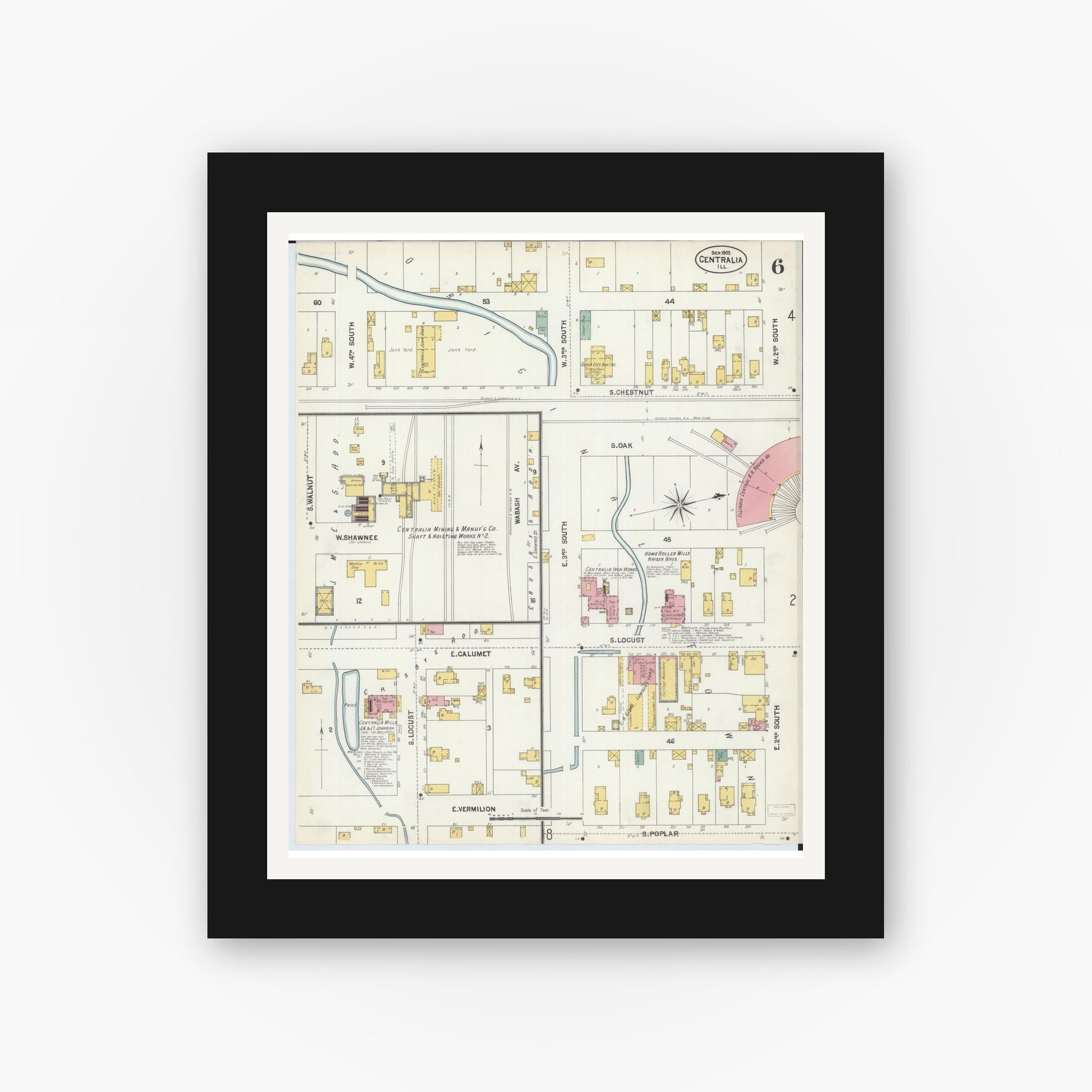 Old map wall art mockup — black gallery frame with white mat — Sanborn Fire Insurance Map from Centralia, Marion, Clinton, Jefferson, and Washington Counties, Illinois (1902), Sheet #0006
