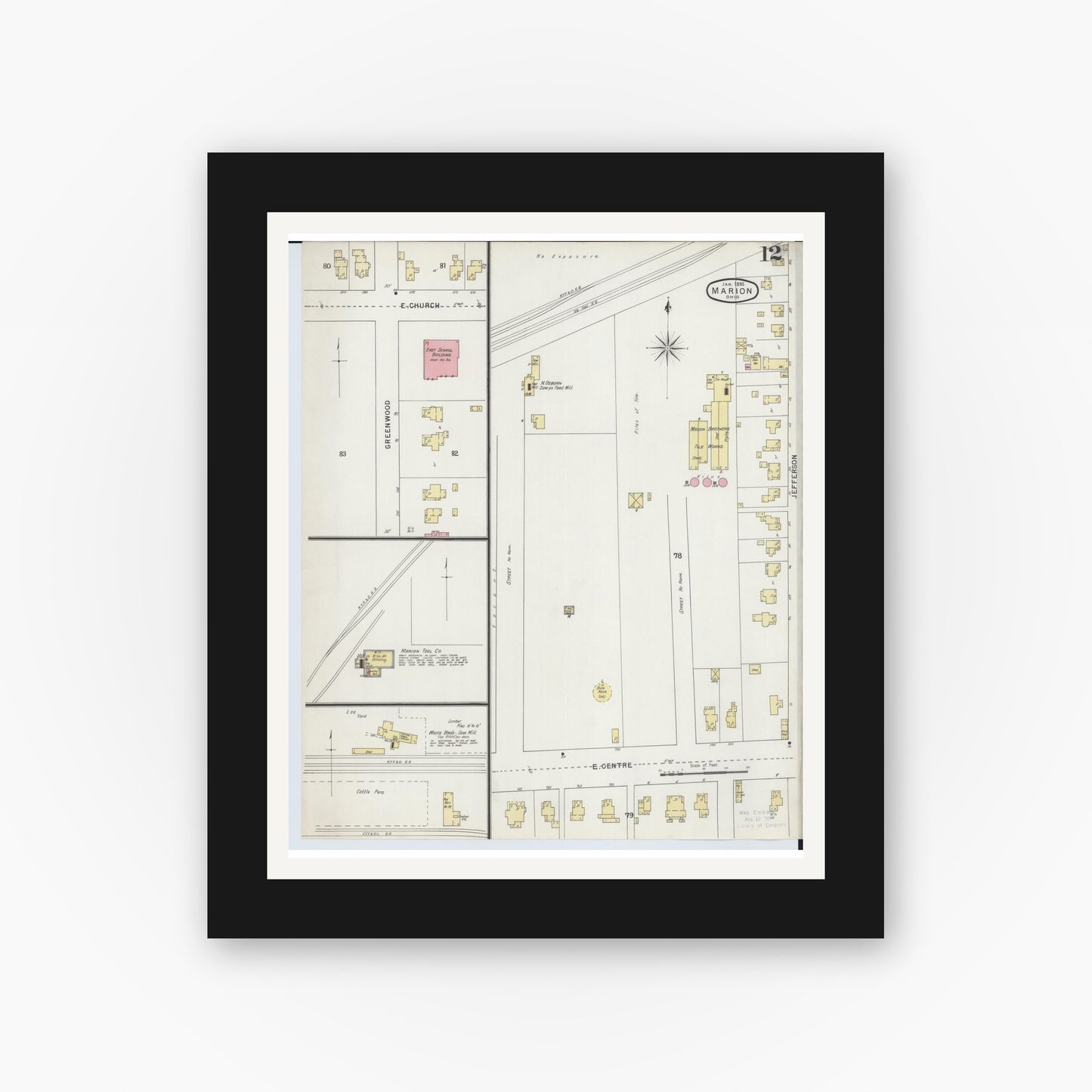 Old map wall art mockup — black gallery frame with white mat — Sanborn Fire Insurance Map from Marion, Marion County, Ohio (1895), Sheet #0012