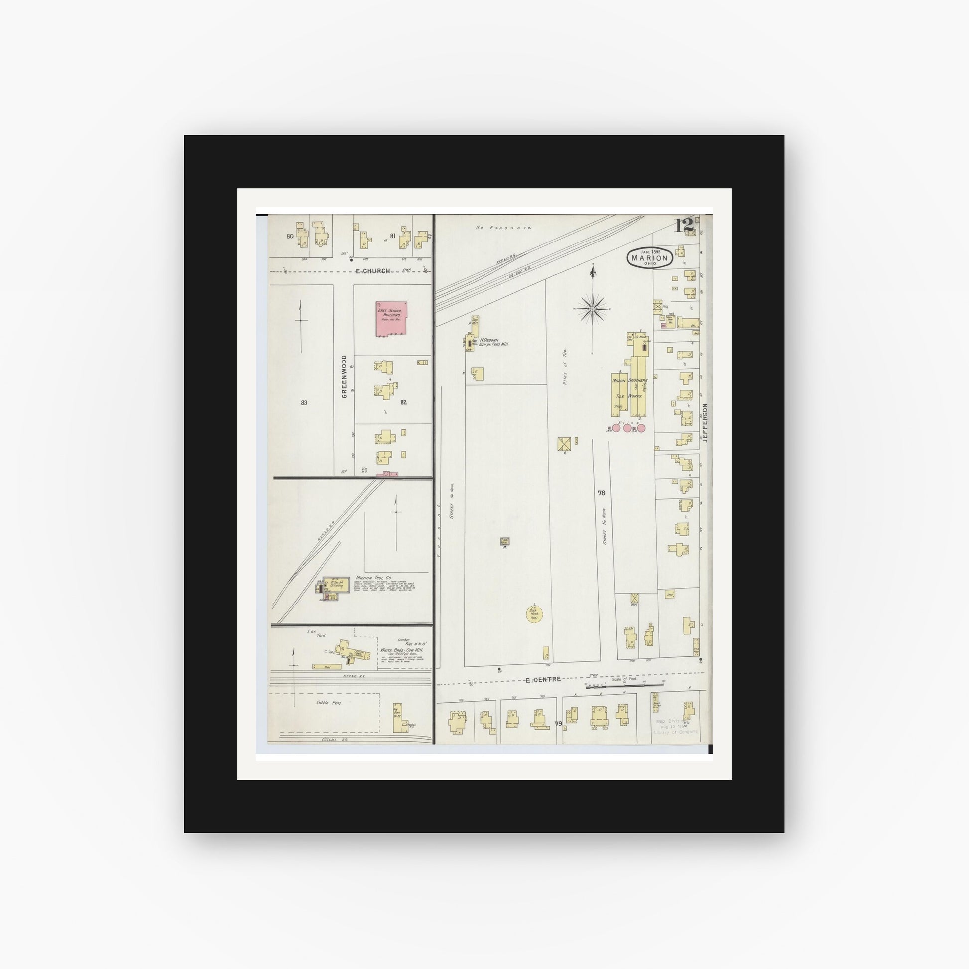 Old map wall art mockup — black gallery frame with white mat — Sanborn Fire Insurance Map from Marion, Marion County, Ohio (1895), Sheet #0012