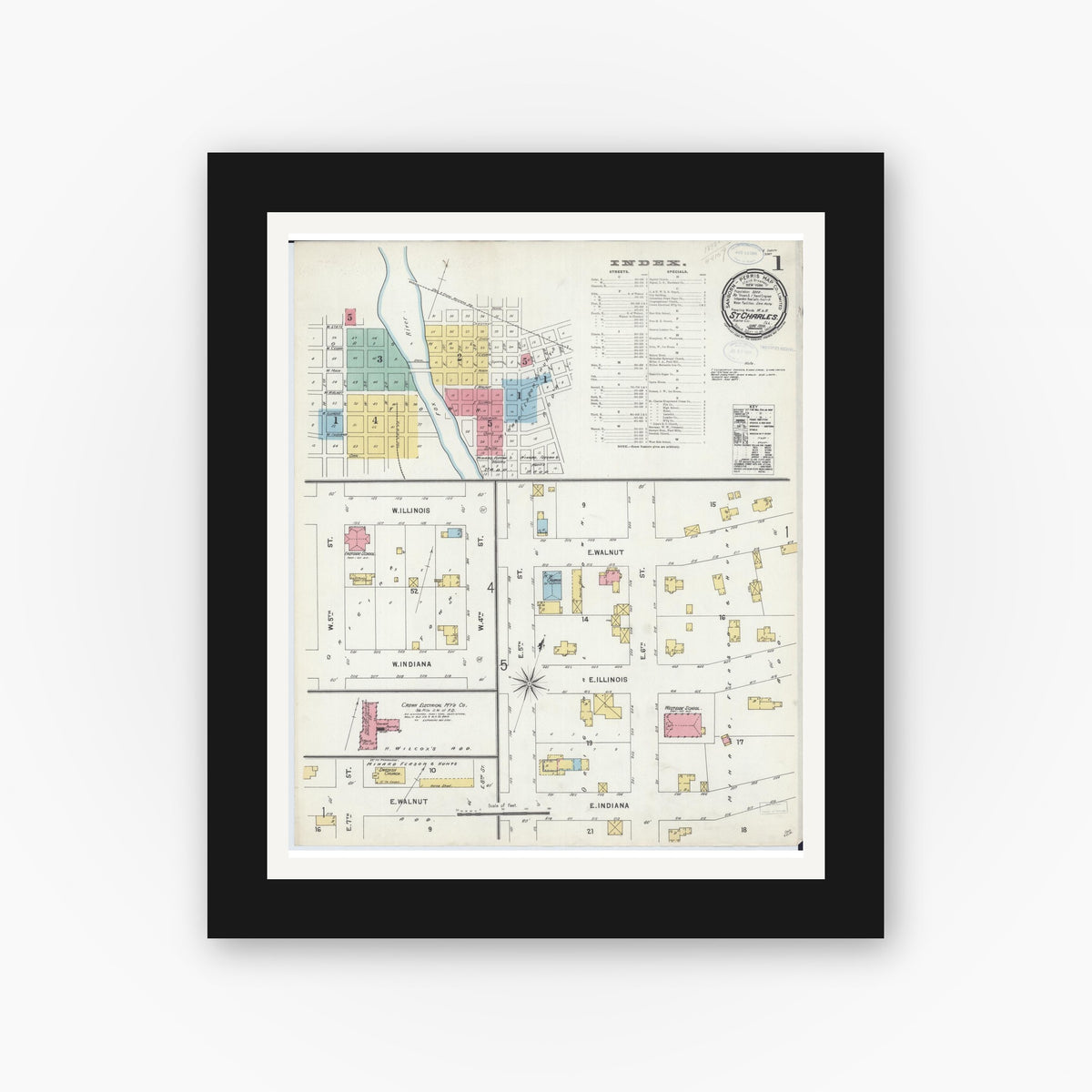 Old map wall art mockup — black gallery frame with white mat — Sanborn Fire Insurance Map from Saint Charles, Kane County, Illinois (1898), Sheet #0001