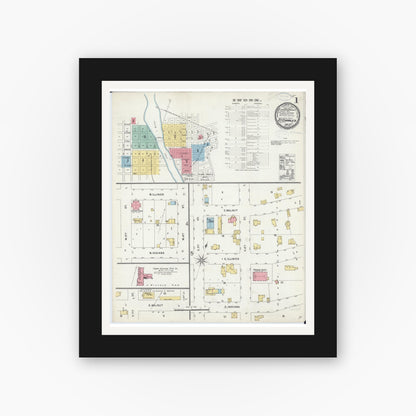 Old map wall art mockup — black gallery frame with white mat — Sanborn Fire Insurance Map from Saint Charles, Kane County, Illinois (1898), Sheet #0001