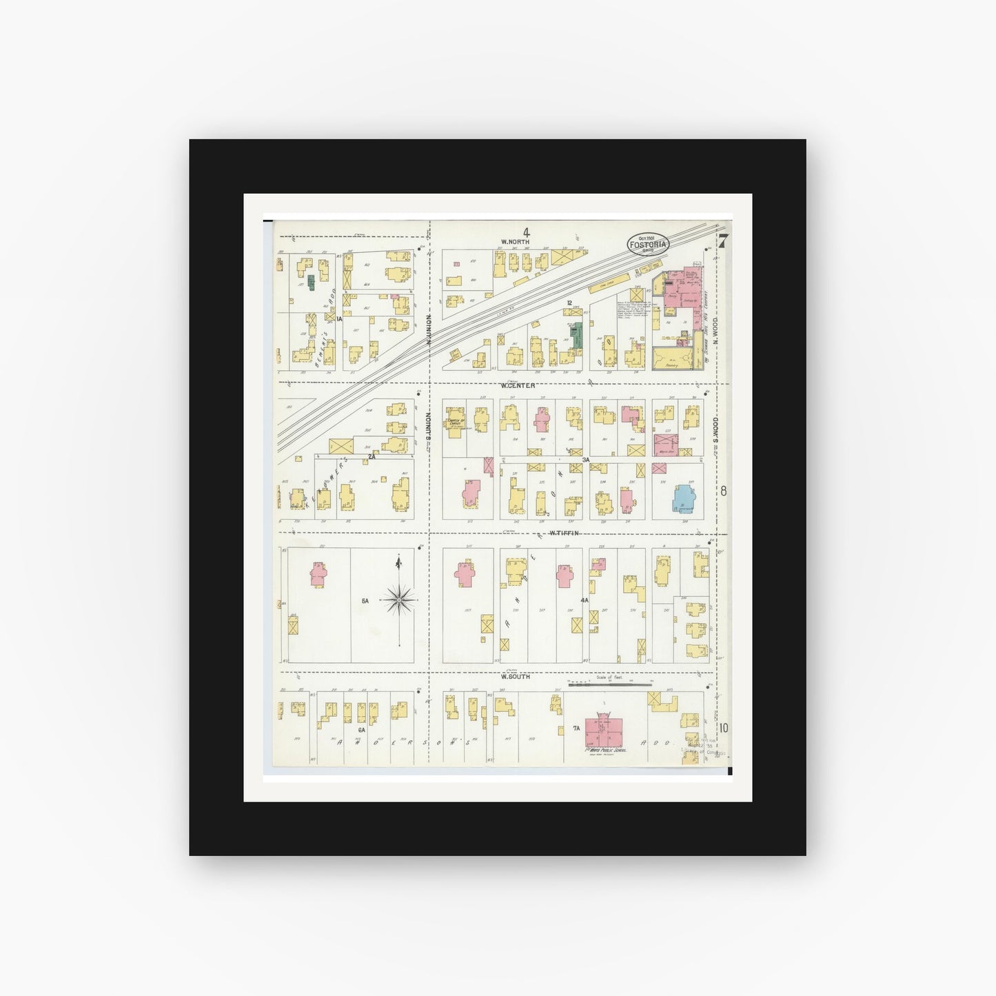Old map wall art mockup — black gallery frame with white mat — Sanborn Fire Insurance Map from Fostoria, Seneca, Hancock, And Wood Counties, Ohio (1901), Sheet #0007