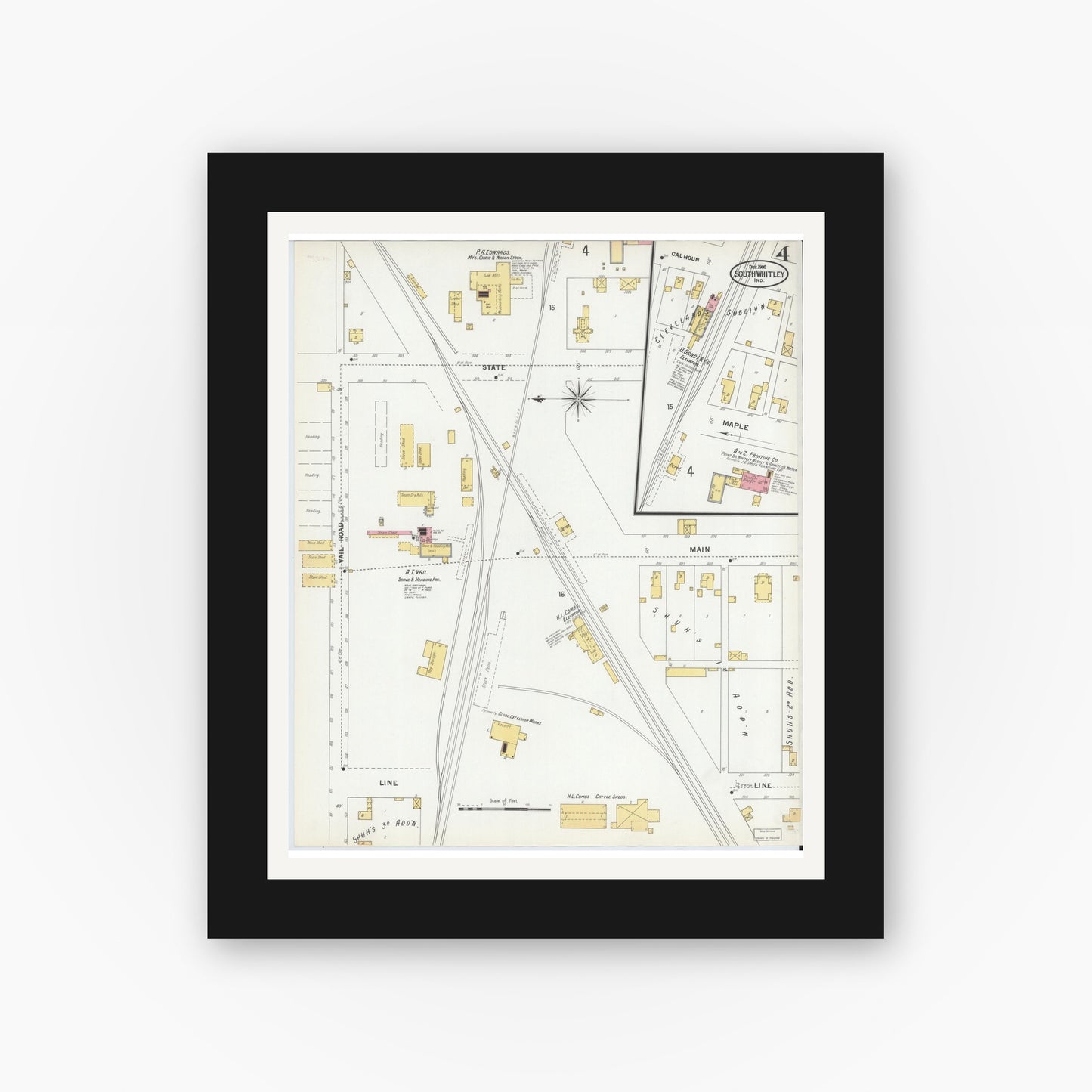 Old map wall art mockup — black gallery frame with white mat — Sanborn Fire Insurance Map from South Whitley, Whitley County, Indiana (1900), Sheet #0004