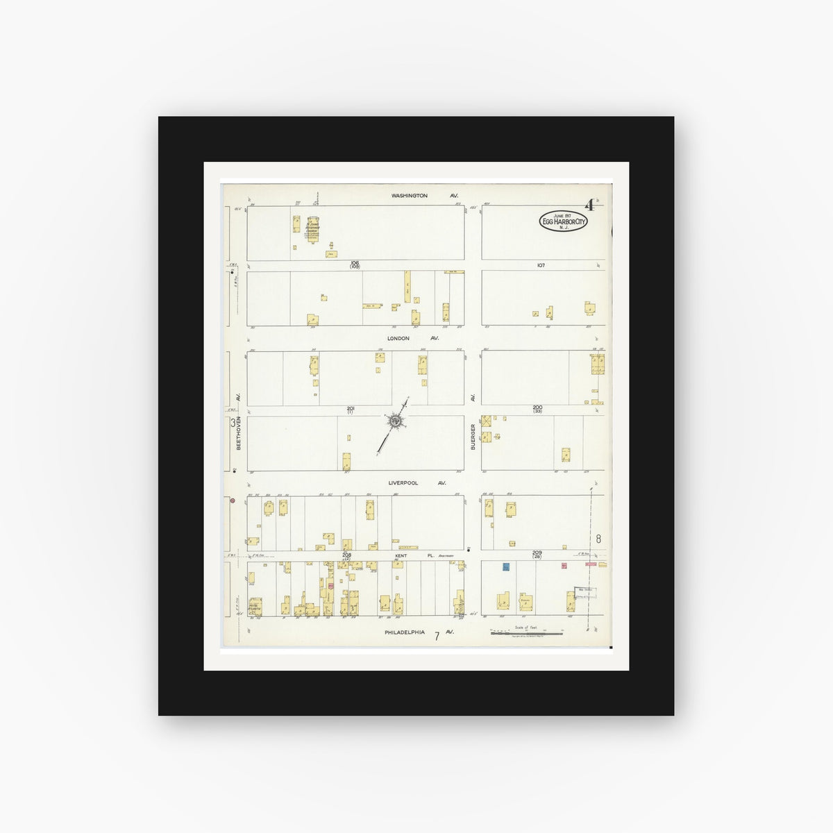 Old map wall art mockup — black gallery frame with white mat — Sanborn Fire Insurance Map from Egg Harbor City, Atlantic County, New Jersey (1917), Sheet #0004