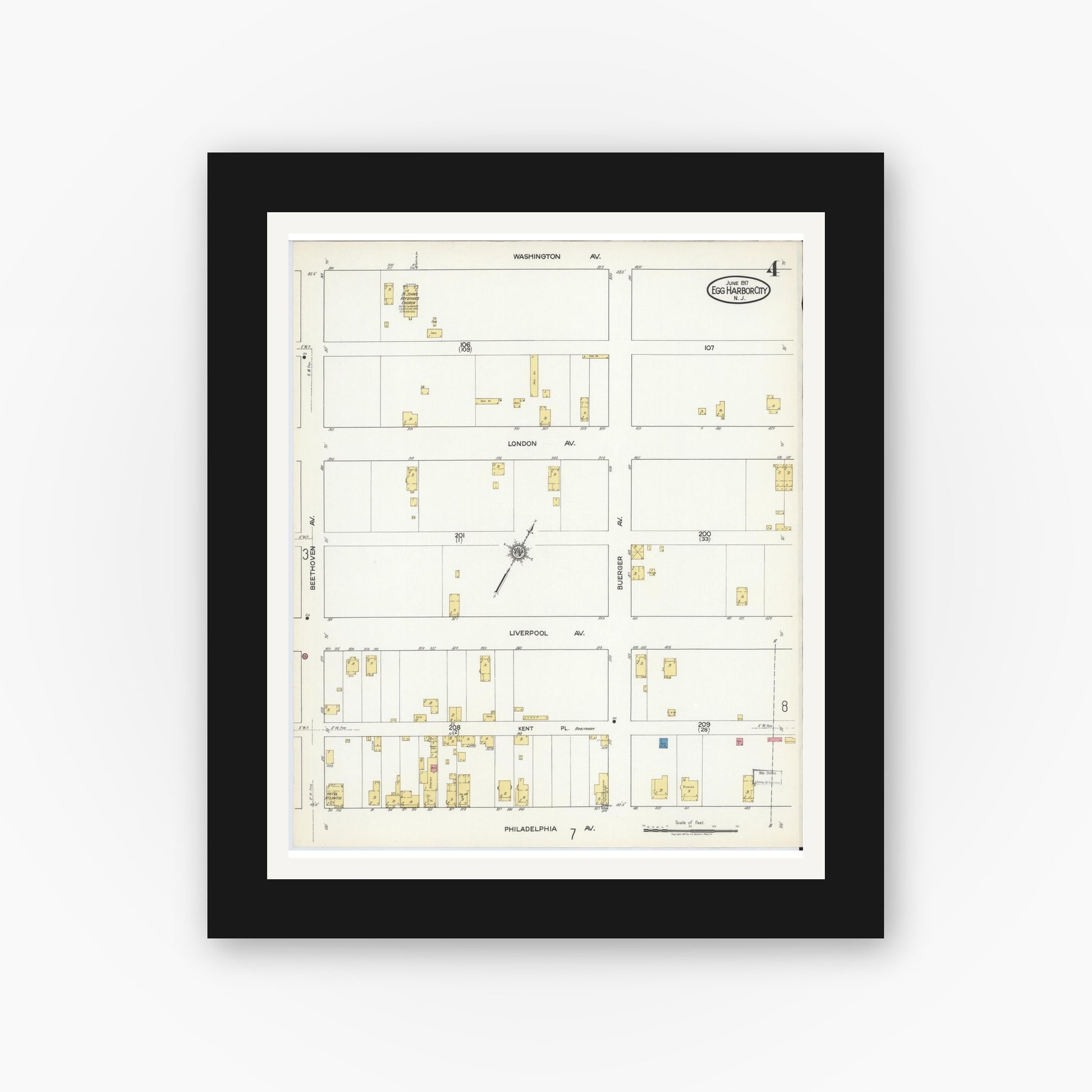 Old map wall art mockup — black gallery frame with white mat — Sanborn Fire Insurance Map from Egg Harbor City, Atlantic County, New Jersey (1917), Sheet #0004