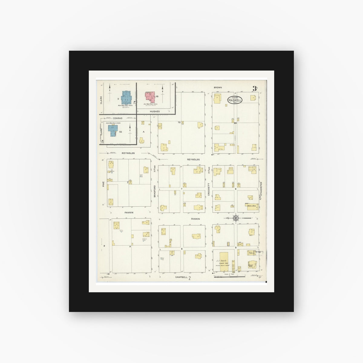 Old map wall art mockup — black gallery frame with white mat — Sanborn Fire Insurance Map from Haskell, Haskell County, Texas (1913), Sheet #0003