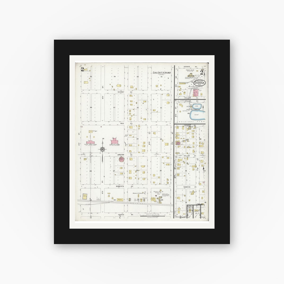 Old map wall art mockup — black gallery frame with white mat — Sanborn Fire Insurance Map from Donna, Hidalgo County, Texas (1925), Sheet #0002