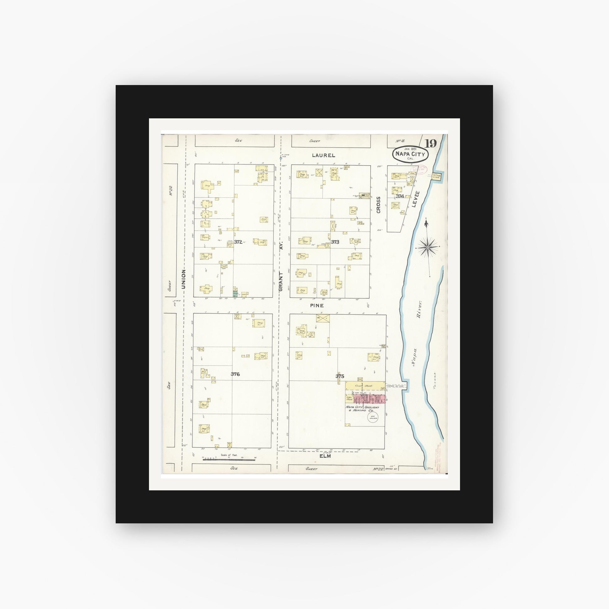 Old map wall art mockup — black gallery frame with white mat — Sanborn Fire Insurance Map from Napa, Napa County, California (1891), Sheet #0019