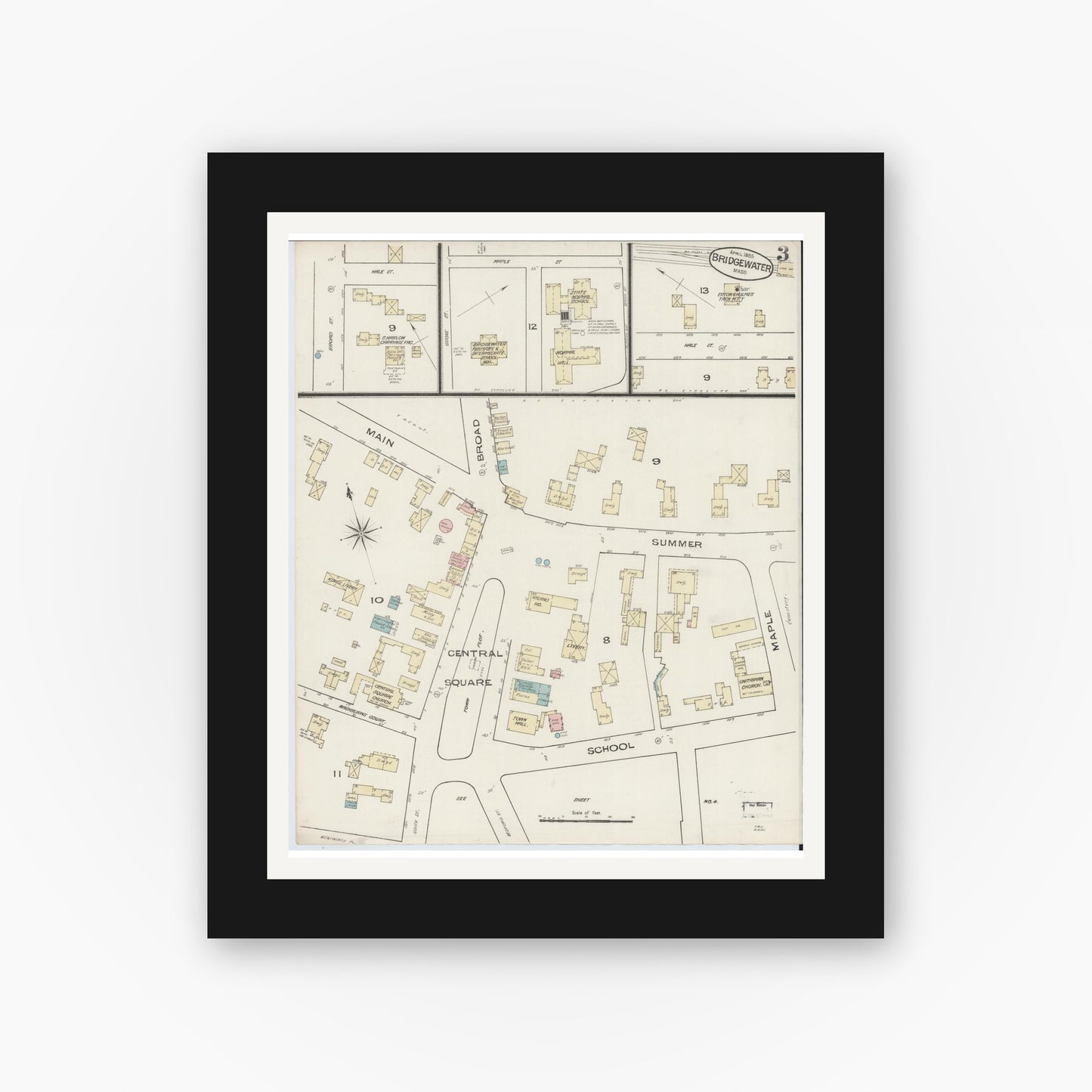 Old map wall art mockup — black gallery frame with white mat — Sanborn Fire Insurance Map from Bridgewater, Plymouth County, Massachusetts (1885), Sheet #0003