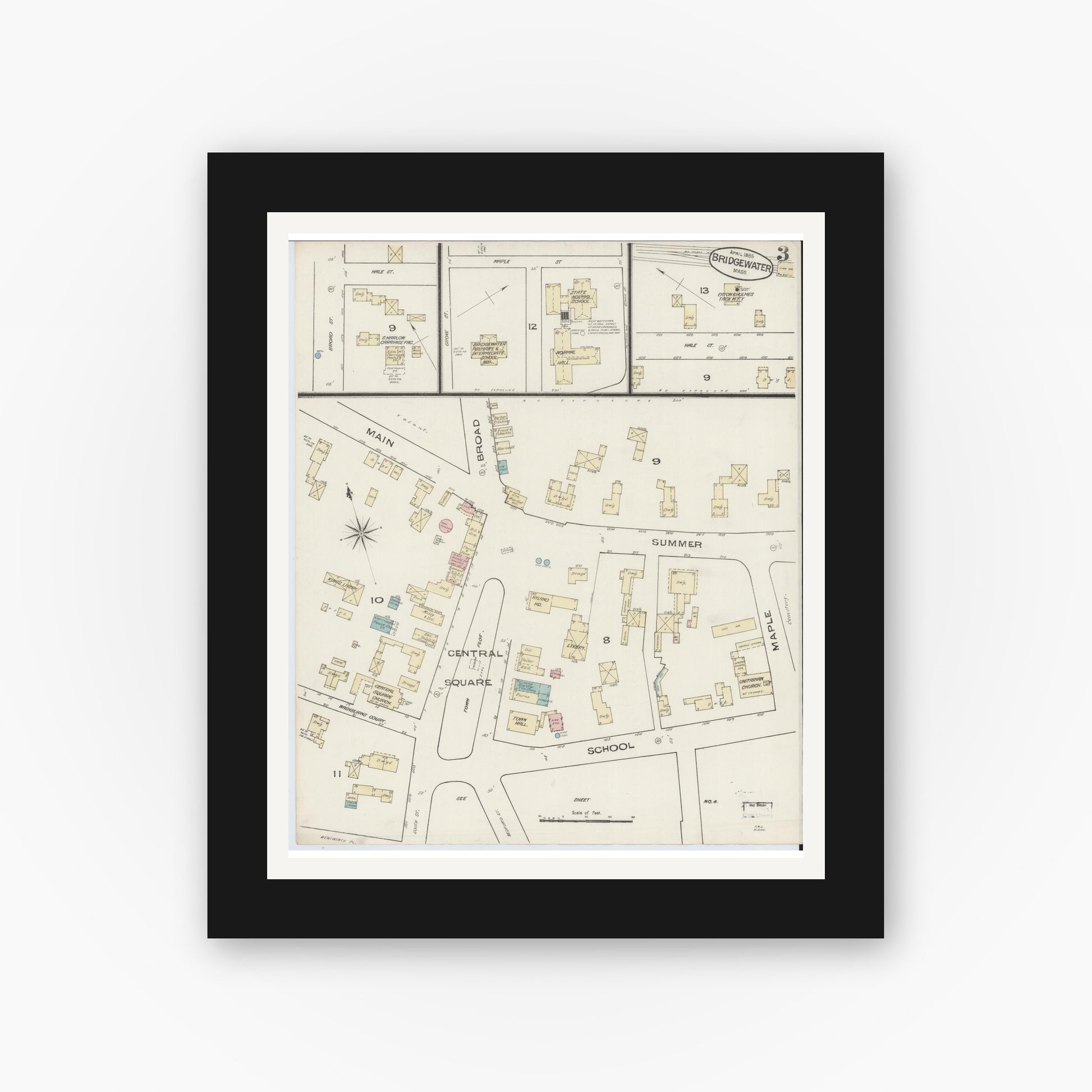 Old map wall art mockup — black gallery frame with white mat — Sanborn Fire Insurance Map from Bridgewater, Plymouth County, Massachusetts (1885), Sheet #0003