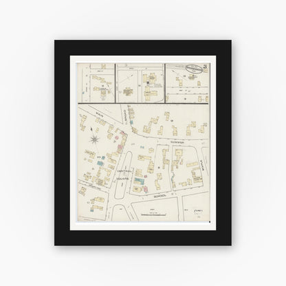 Old map wall art mockup — black gallery frame with white mat — Sanborn Fire Insurance Map from Bridgewater, Plymouth County, Massachusetts (1885), Sheet #0003
