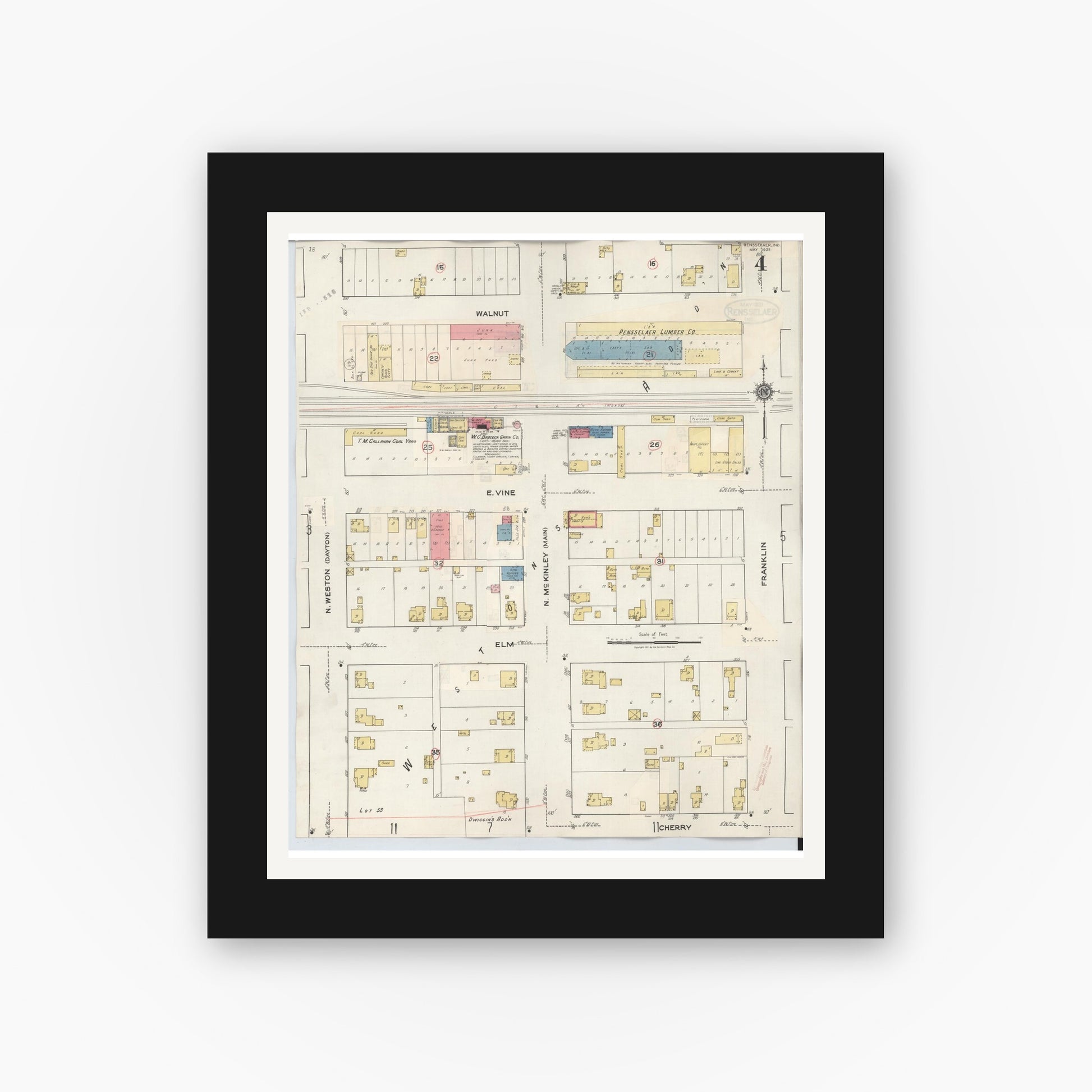 Old map wall art mockup — black gallery frame with white mat — Sanborn Fire Insurance Map from Rensselaer, Jasper County, Indiana (1942), Sheet #0004