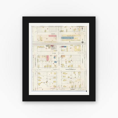 Old map wall art mockup — black gallery frame with white mat — Sanborn Fire Insurance Map from Rensselaer, Jasper County, Indiana (1942), Sheet #0004