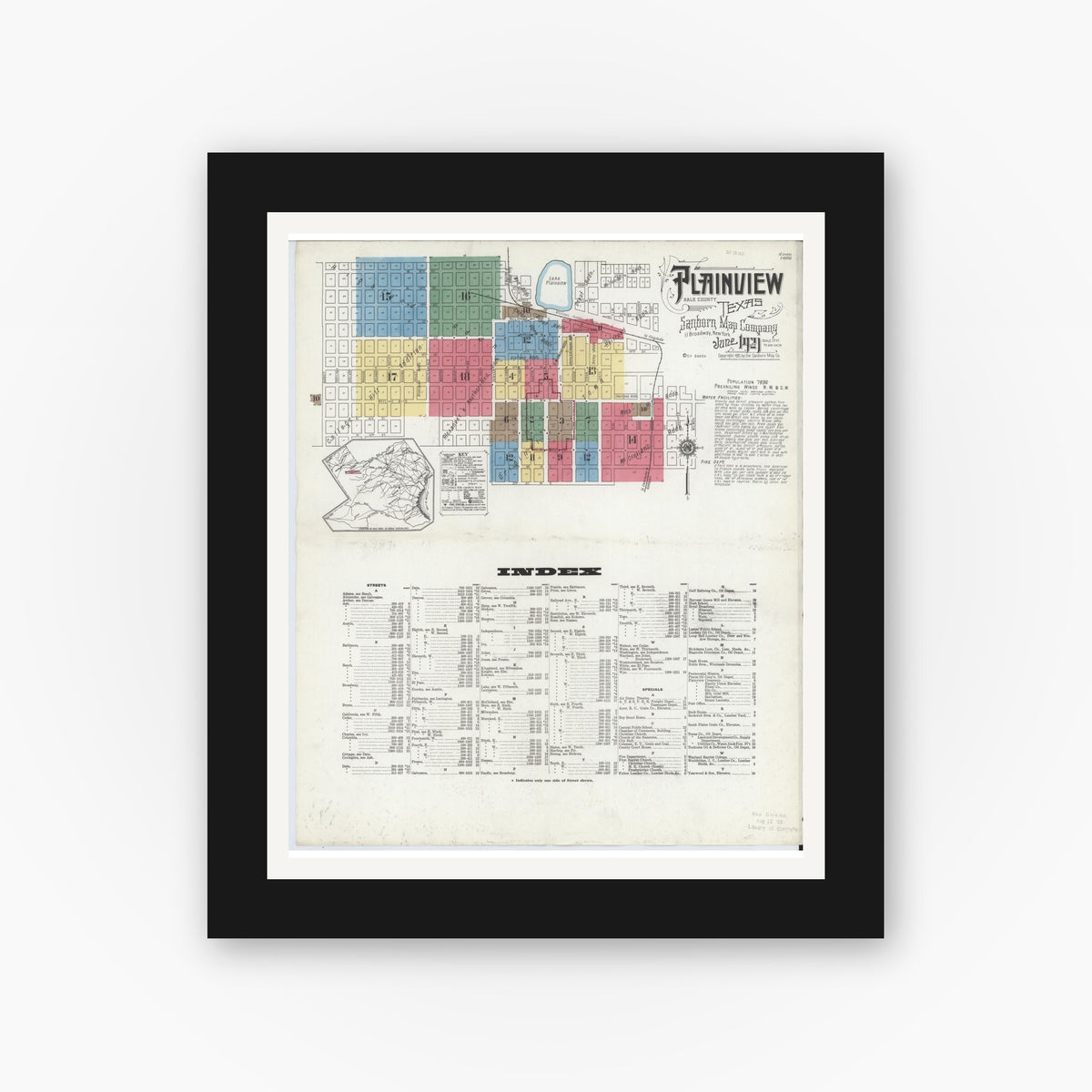Old map wall art mockup — black gallery frame with white mat — Sanborn Fire Insurance Map from Plainview, Hale County, Texas (1921) - Complete Map Set