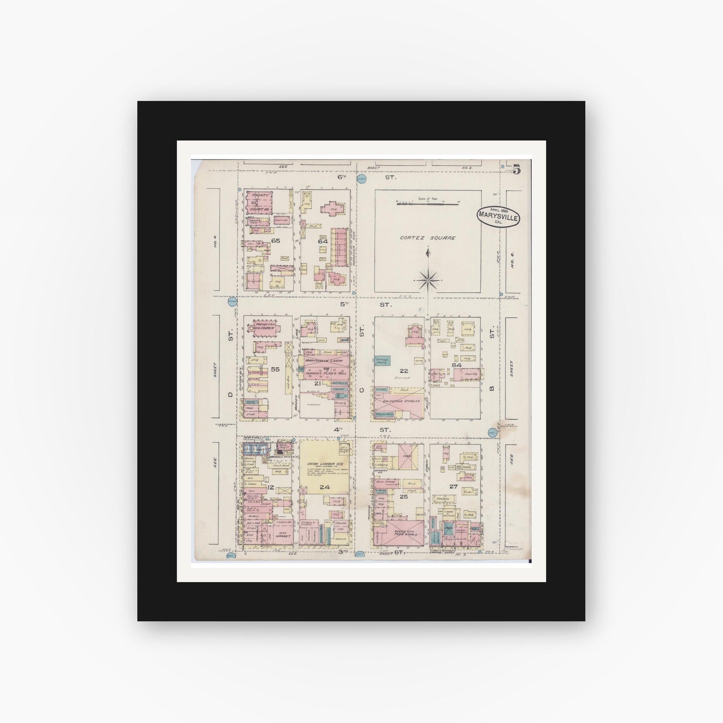 Old map wall art mockup — black gallery frame with white mat — Sanborn Fire Insurance Map from Marysville, Yuba County, California (1885), Sheet #0005