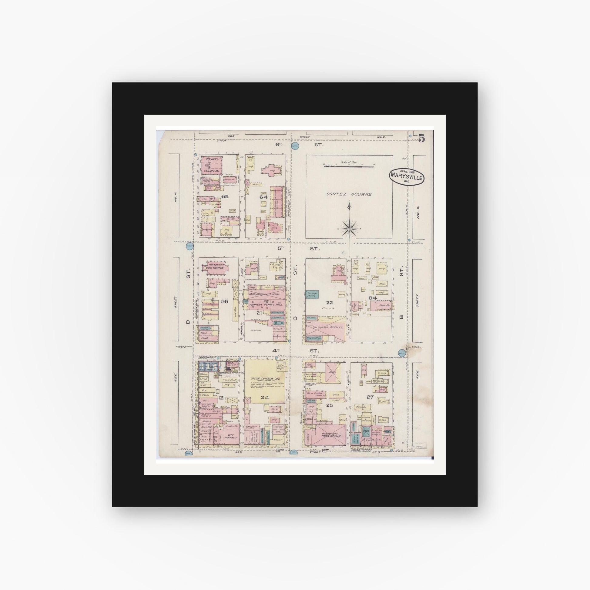Old map wall art mockup — black gallery frame with white mat — Sanborn Fire Insurance Map from Marysville, Yuba County, California (1885), Sheet #0005