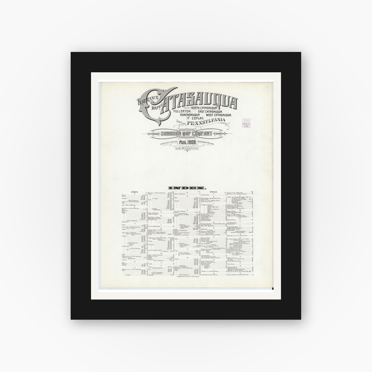 Old map wall art mockup — black gallery frame with white mat — Sanborn Fire Insurance Map from Catasauqua, Lehigh County, Pennsylvania (1908), Sheet #0001