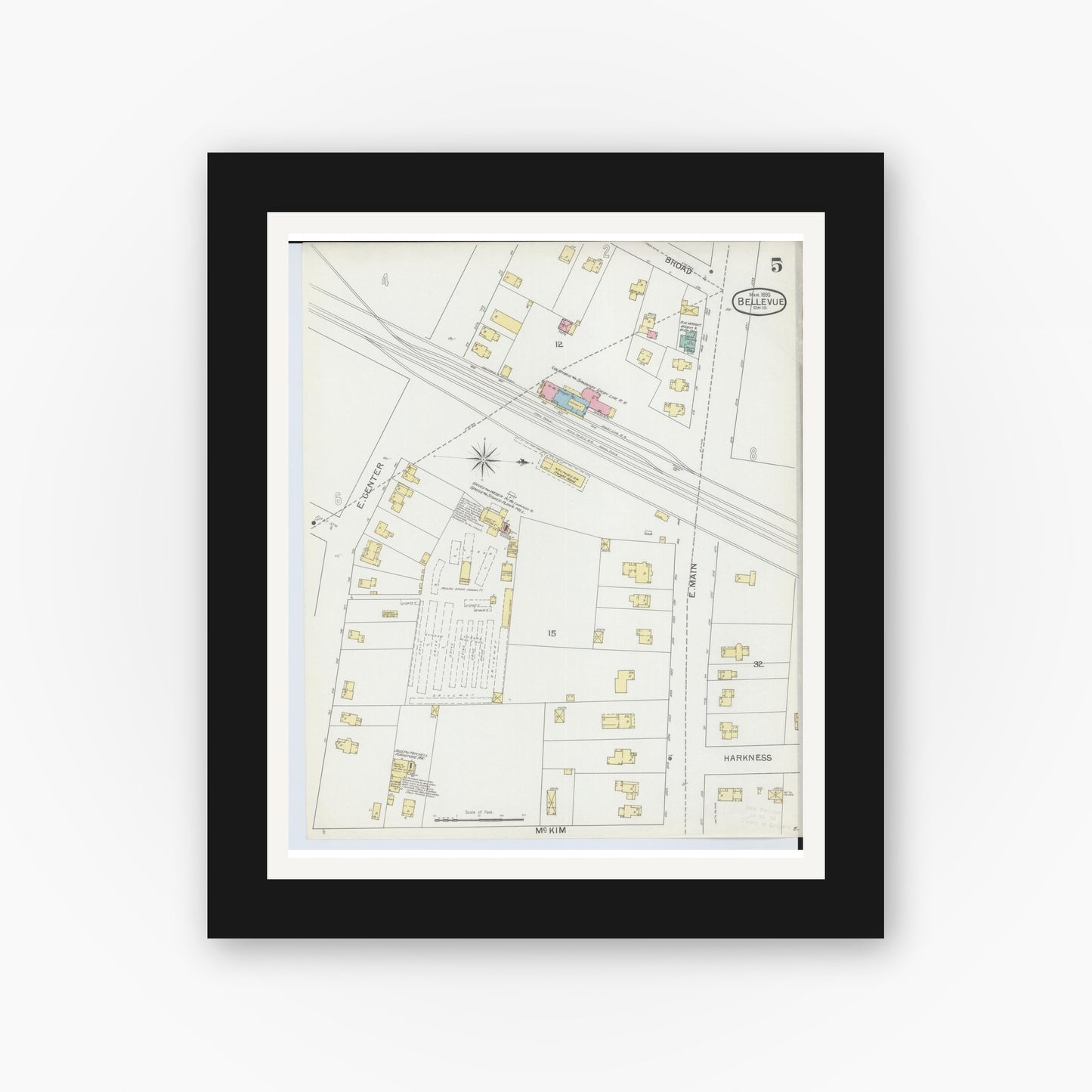 Old map wall art mockup — black gallery frame with white mat — Sanborn Fire Insurance Map from Bellevue, Huron And Sandusky County, Ohio (1893), Sheet #0005