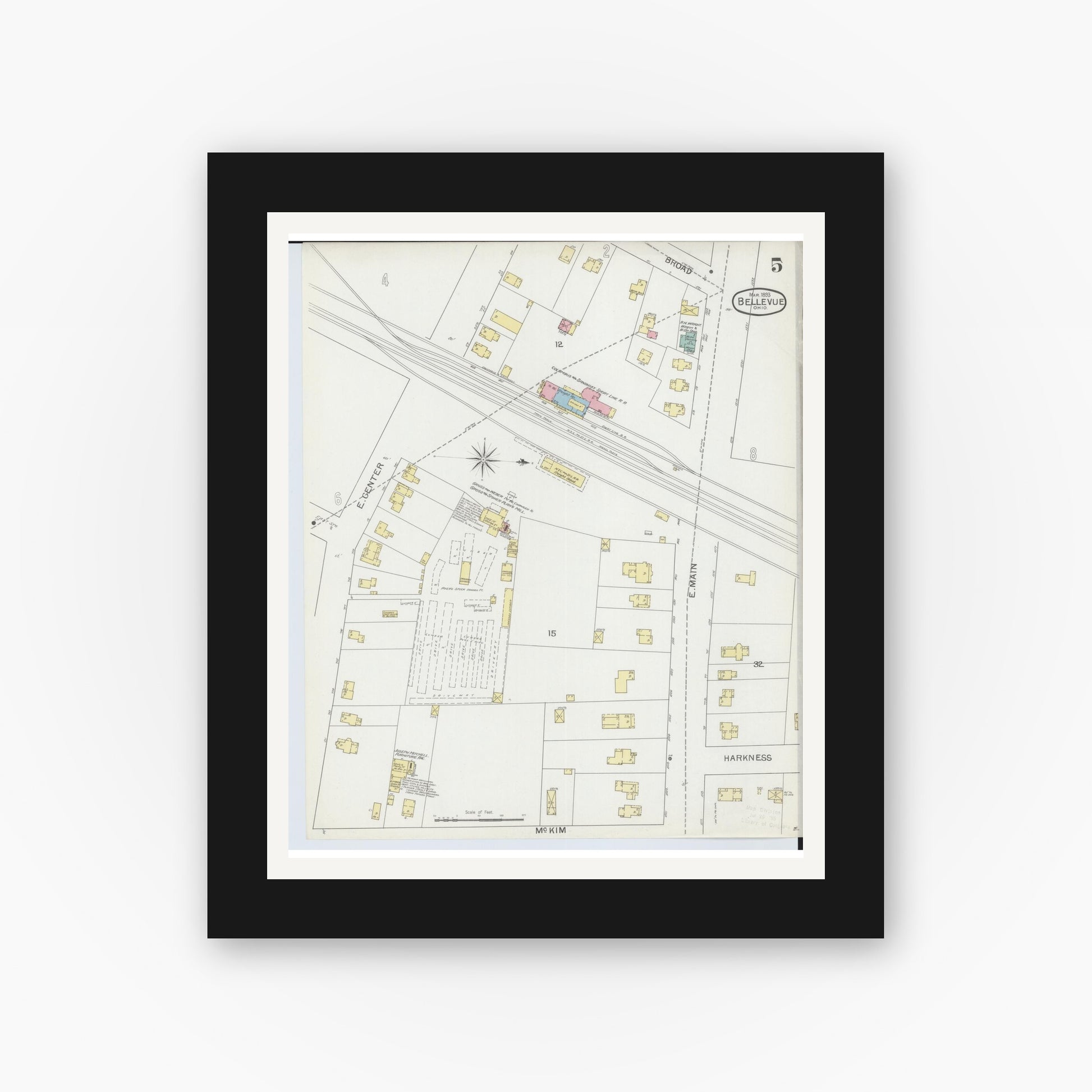 Old map wall art mockup — black gallery frame with white mat — Sanborn Fire Insurance Map from Bellevue, Huron And Sandusky County, Ohio (1893), Sheet #0005
