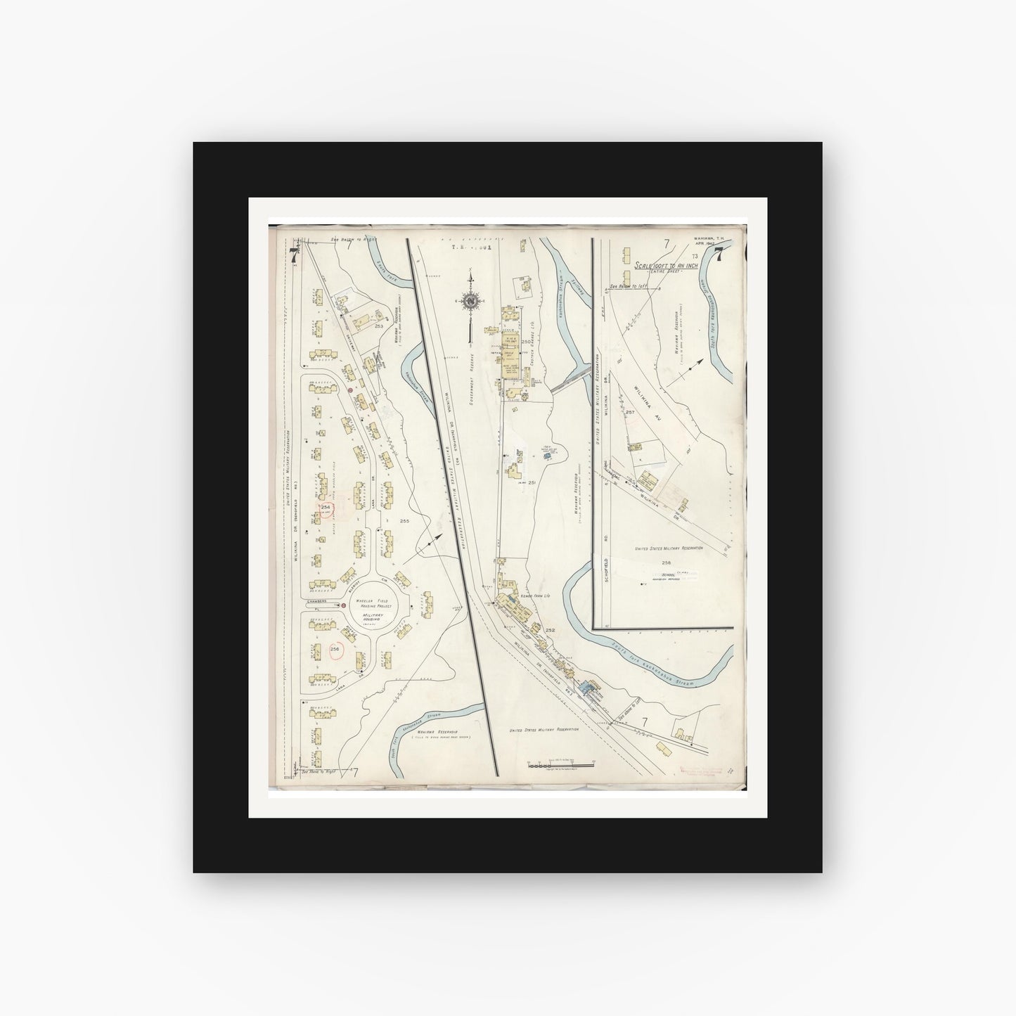 Old map wall art mockup — black gallery frame with white mat — Sanborn Fire Insurance Map from Wahiawa, Honolulu County, Hawaii (1957), Sheet #0007