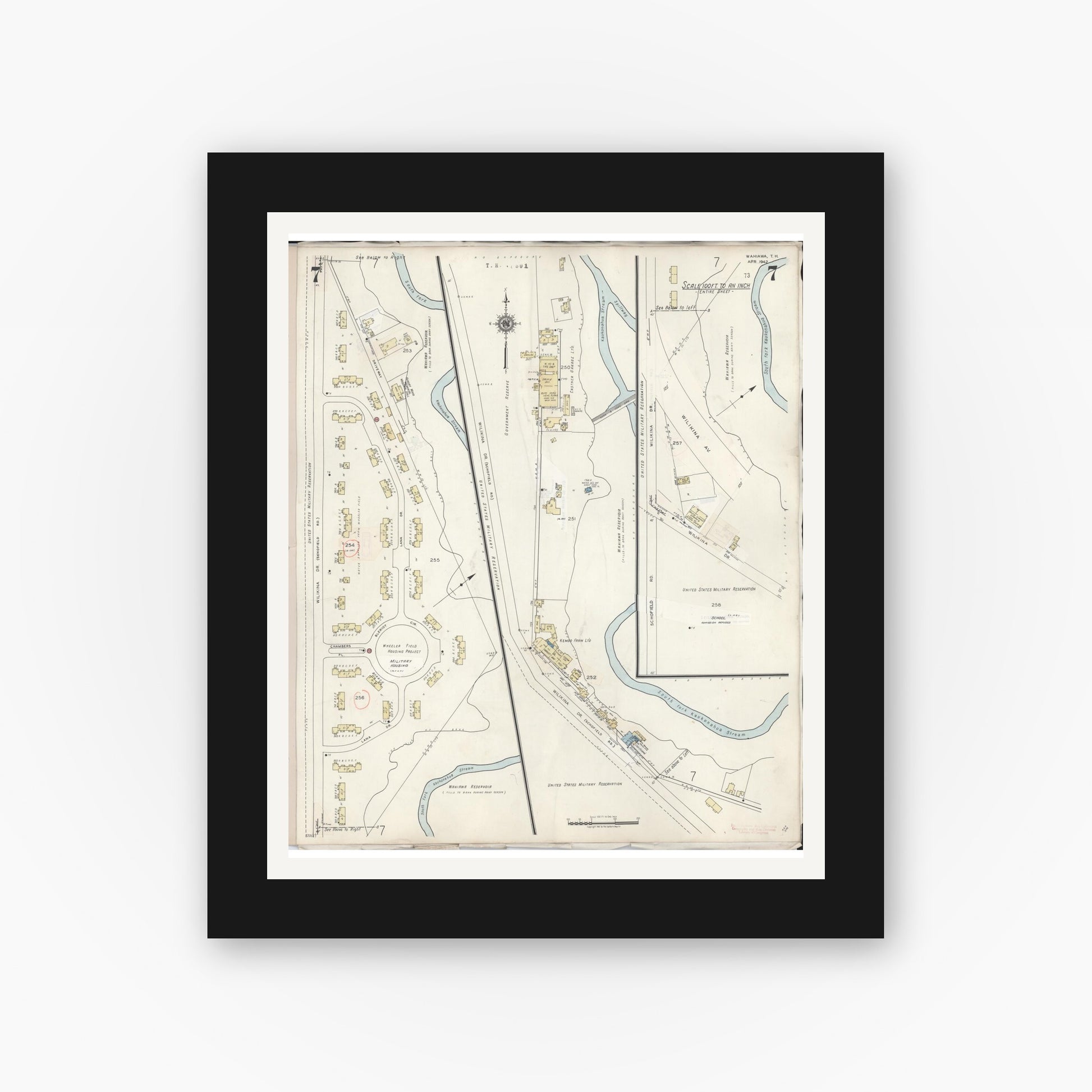 Old map wall art mockup — black gallery frame with white mat — Sanborn Fire Insurance Map from Wahiawa, Honolulu County, Hawaii (1957), Sheet #0007