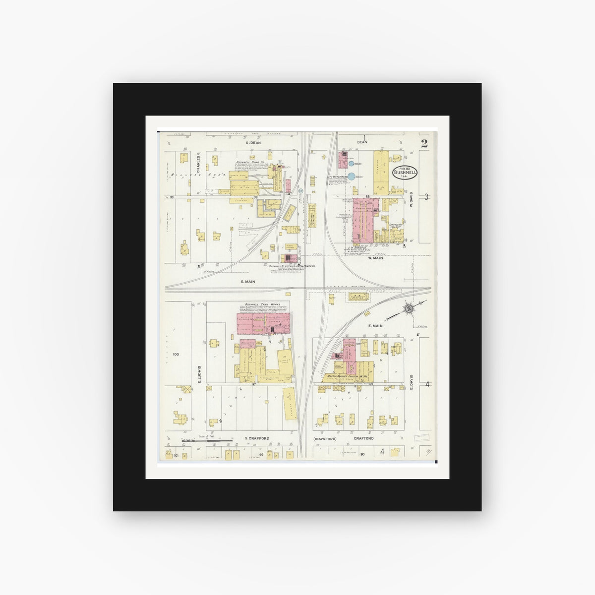 Old map wall art mockup — black gallery frame with white mat — Sanborn Fire Insurance Map from Bushnell, Mcdonough County, Illinois (1912), Sheet #0002