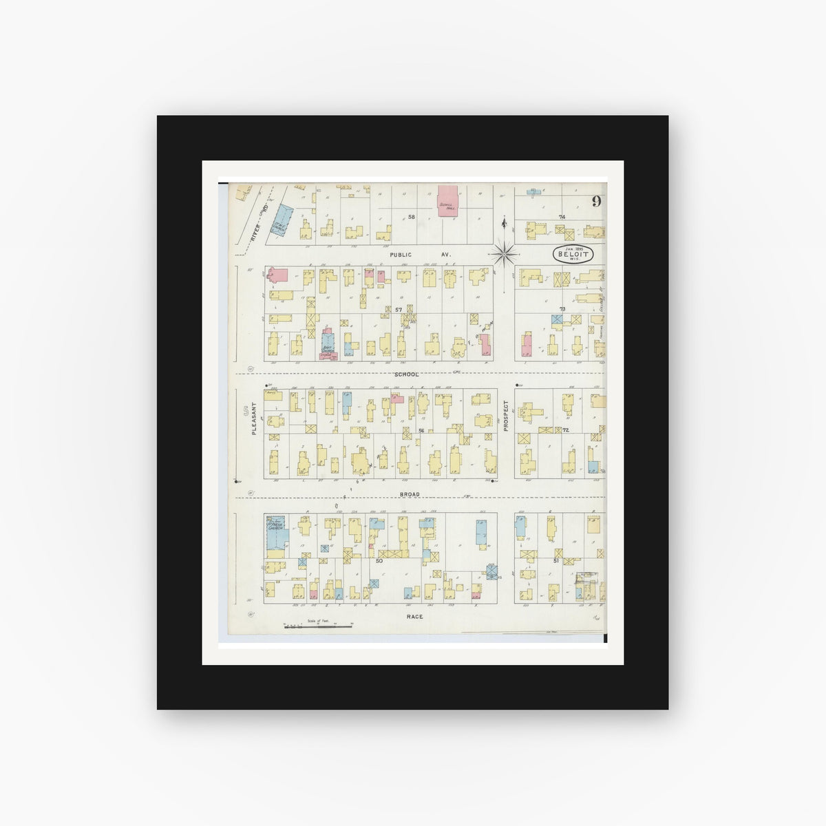 Old map wall art mockup — black gallery frame with white mat — Sanborn Fire Insurance Map from Beloit, Rock County, Wisconsin (1895), Sheet #0009