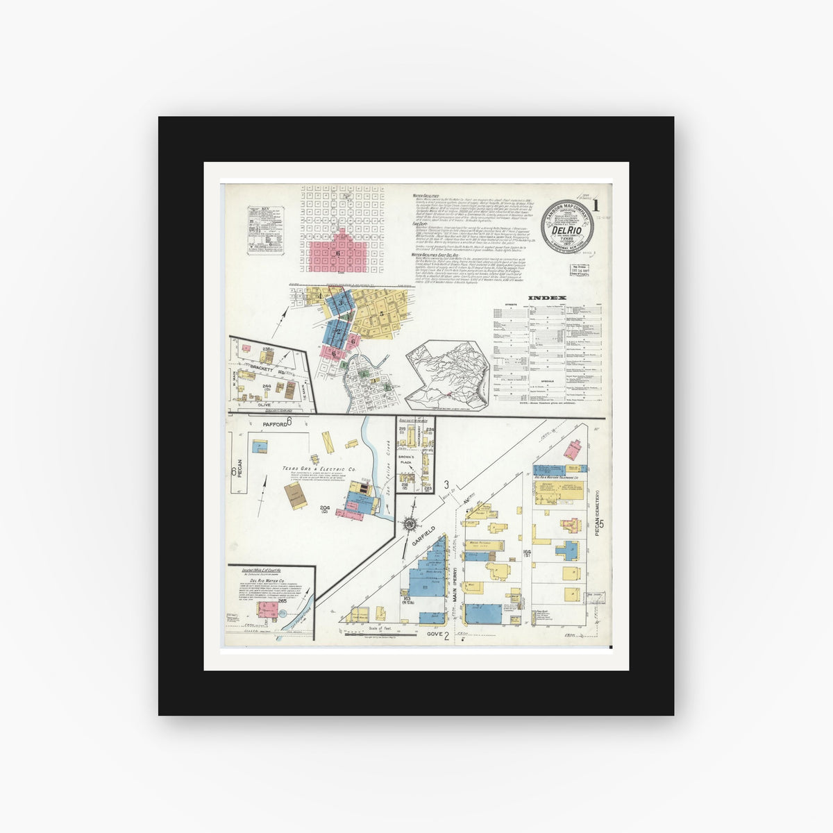 Old map wall art mockup — black gallery frame with white mat — Sanborn Fire Insurance Map from Del Rio, Val Verde County, Texas (1917), Sheet #0001