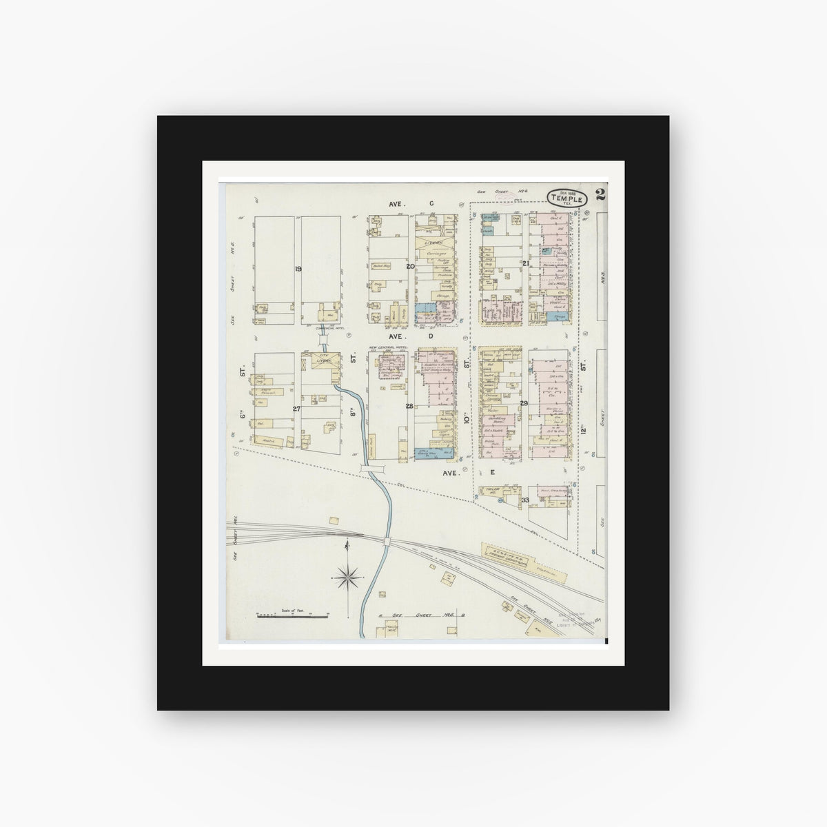 Old map wall art mockup — black gallery frame with white mat — Sanborn Fire Insurance Map from Temple, Bell County, Texas (1888), Sheet #0002