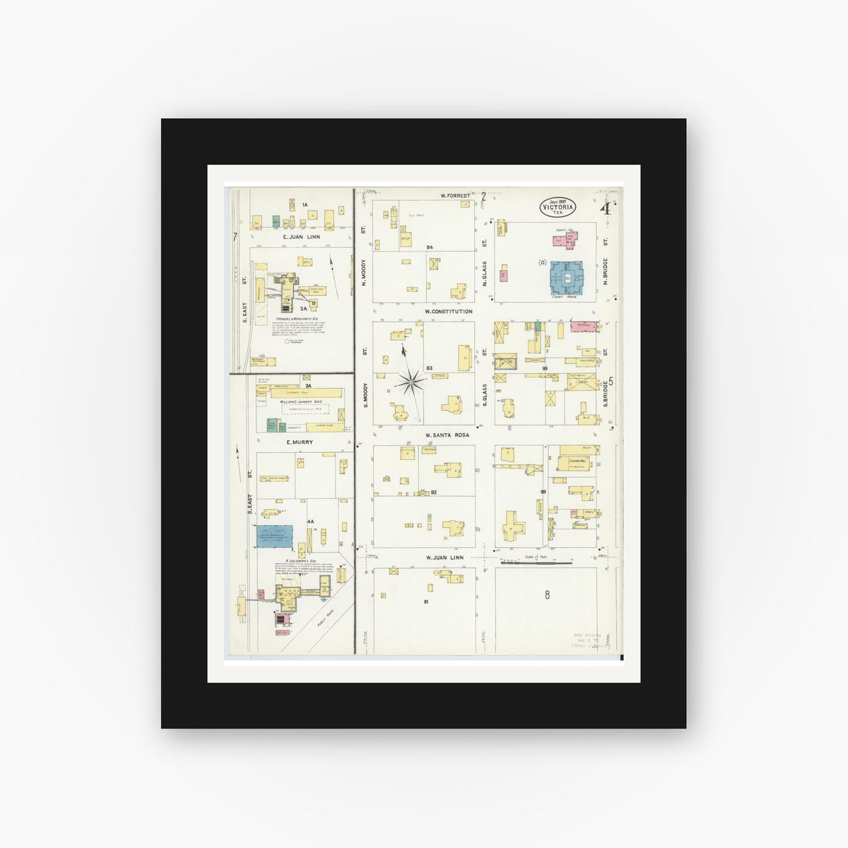 Old map wall art mockup — black gallery frame with white mat — Sanborn Fire Insurance Map from Victoria, Victoria County, Texas (1907), Sheet #0004