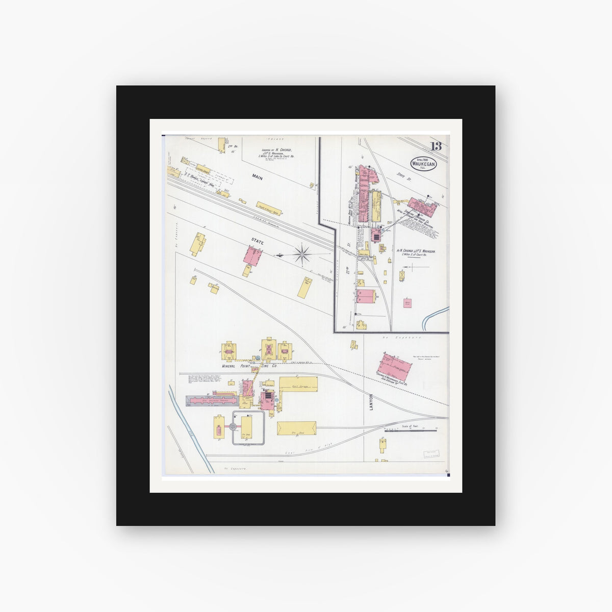 Old map wall art mockup — black gallery frame with white mat — Sanborn Fire Insurance Map from Waukegan, Lake County, Illinois (1900), Sheet #0013