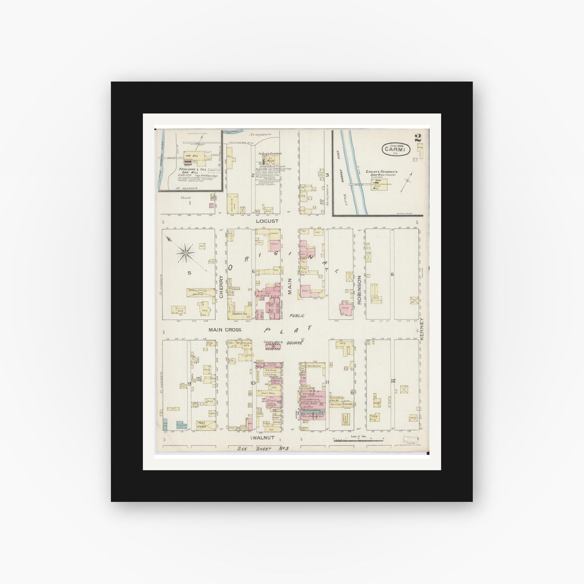 Old map wall art mockup — black gallery frame with white mat — Sanborn Fire Insurance Map from Carmi, White County, Illinois (1886), Sheet #0002