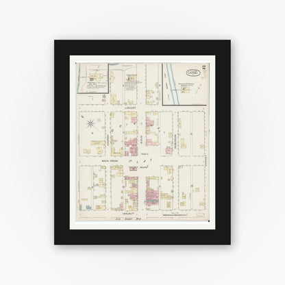 Old map wall art mockup — black gallery frame with white mat — Sanborn Fire Insurance Map from Carmi, White County, Illinois (1886), Sheet #0002
