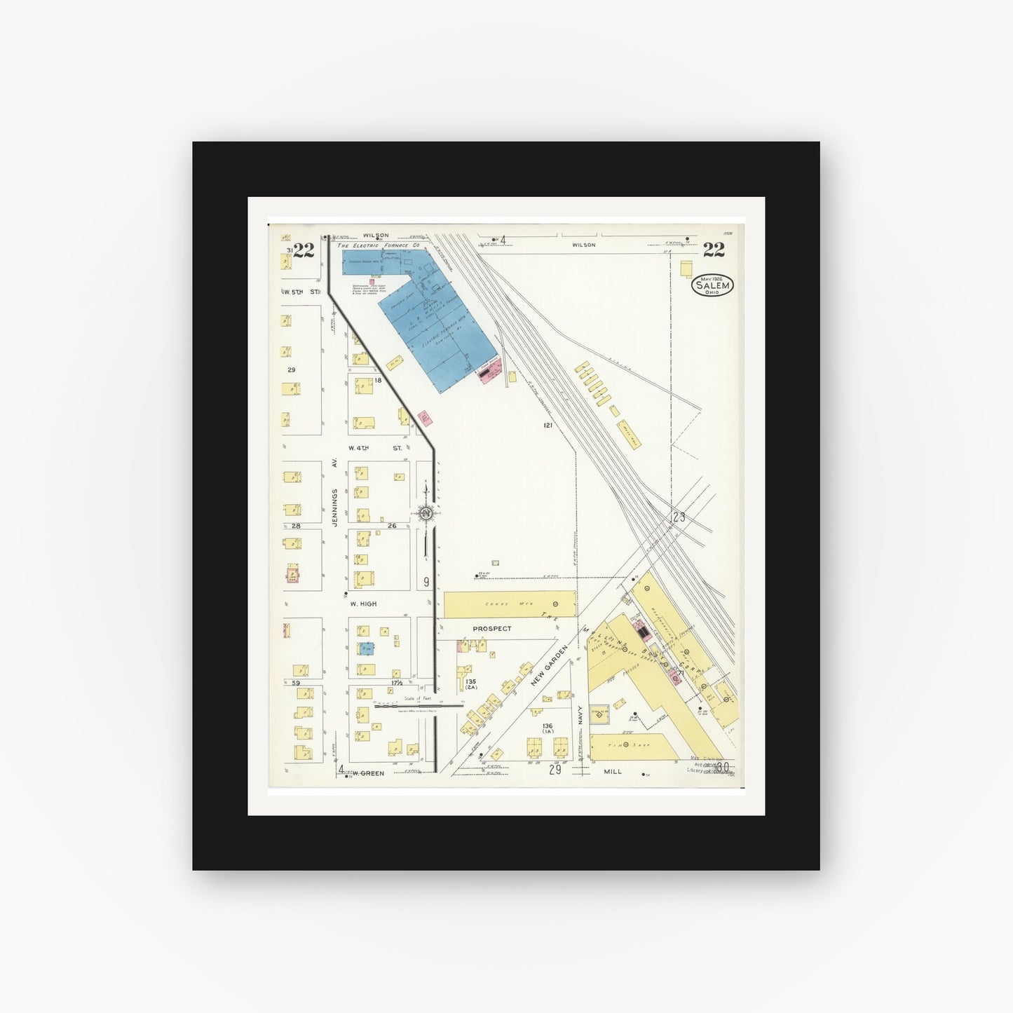 Old map wall art mockup — black gallery frame with white mat — Sanborn Fire Insurance Map from Salem, Columbiana County, Ohio (1926), Sheet #0022