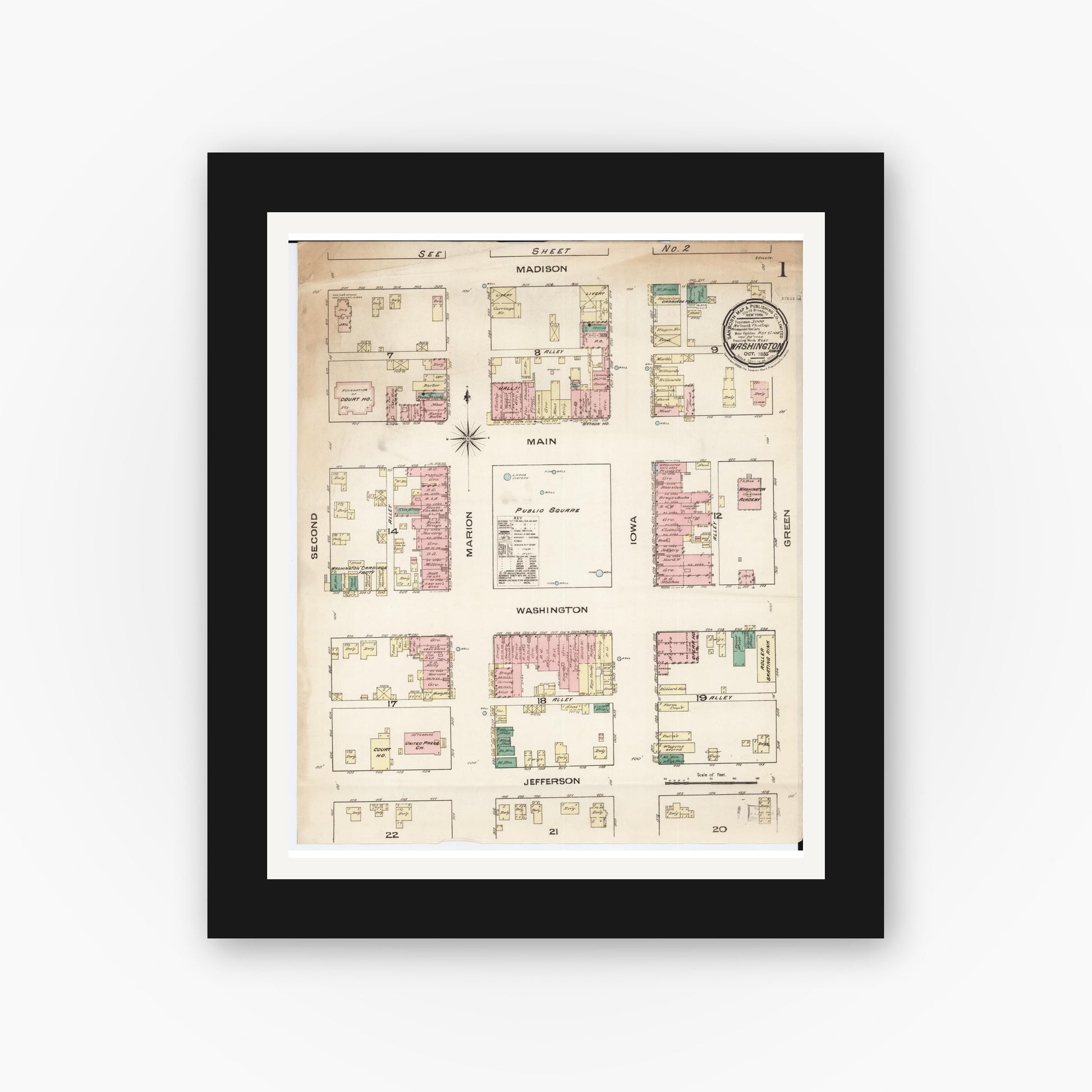 Old map wall art mockup — black gallery frame with white mat — Sanborn Fire Insurance Map from Washington, Washington County, Iowa (1885) â€” Complete Set