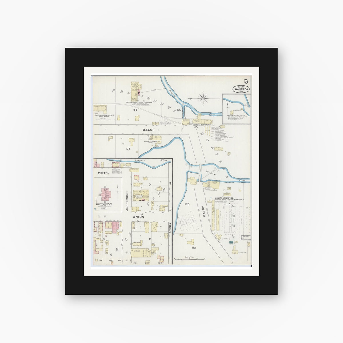 Old map wall art mockup — black gallery frame with white mat — Sanborn Fire Insurance Map from Waupaca, Waupaca County, Wisconsin (1891), Sheet #0005