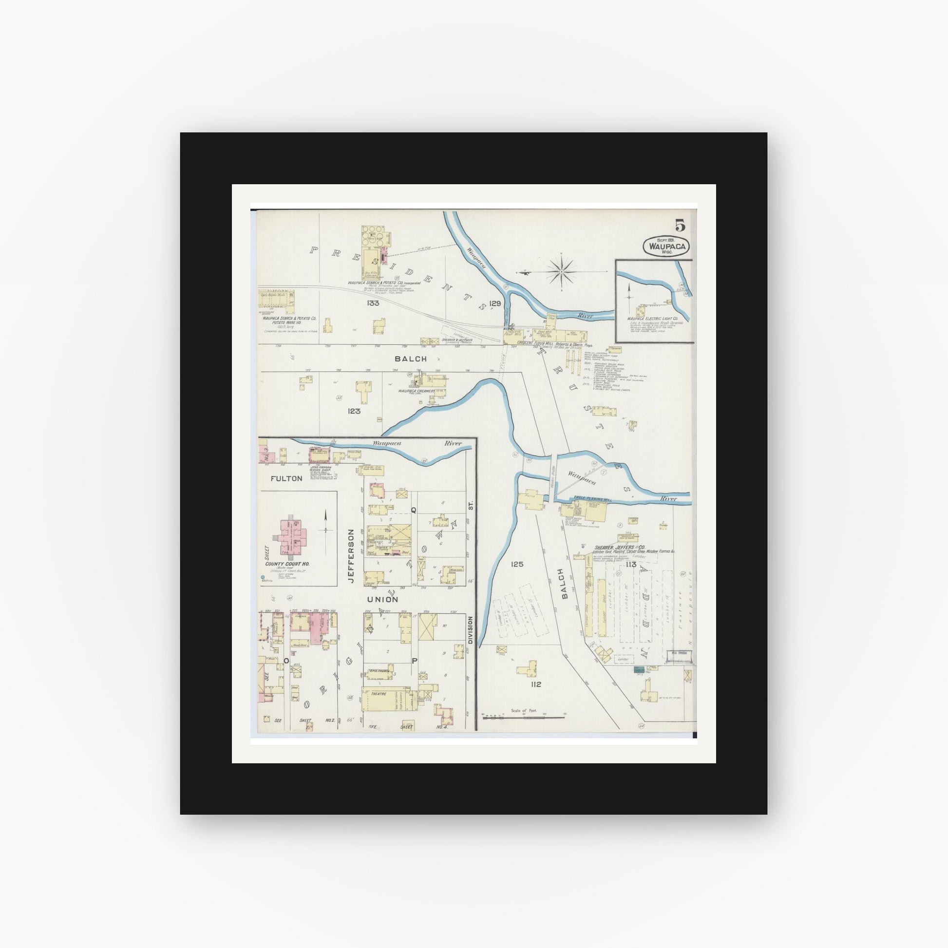 Old map wall art mockup — black gallery frame with white mat — Sanborn Fire Insurance Map from Waupaca, Waupaca County, Wisconsin (1891), Sheet #0005