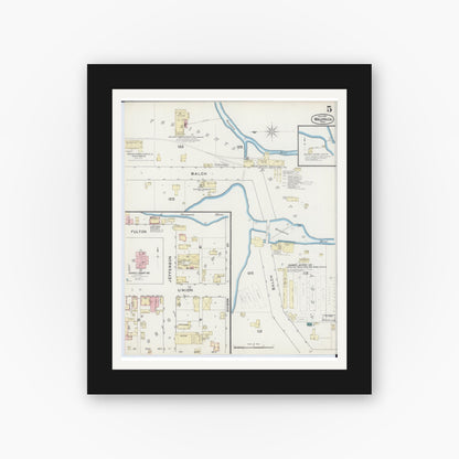 Old map wall art mockup — black gallery frame with white mat — Sanborn Fire Insurance Map from Waupaca, Waupaca County, Wisconsin (1891), Sheet #0005