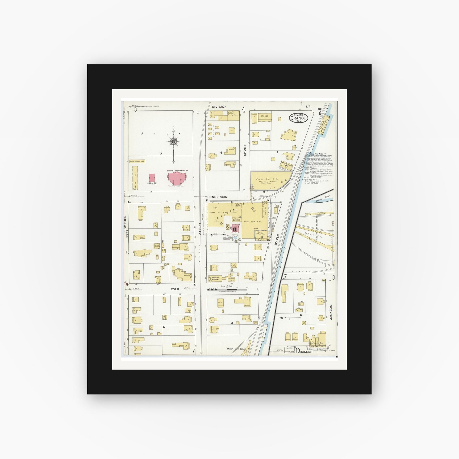 Old map wall art mockup — black gallery frame with white mat — Sanborn Fire Insurance Map from Orange, Orange County, Texas (1919), Sheet #0007