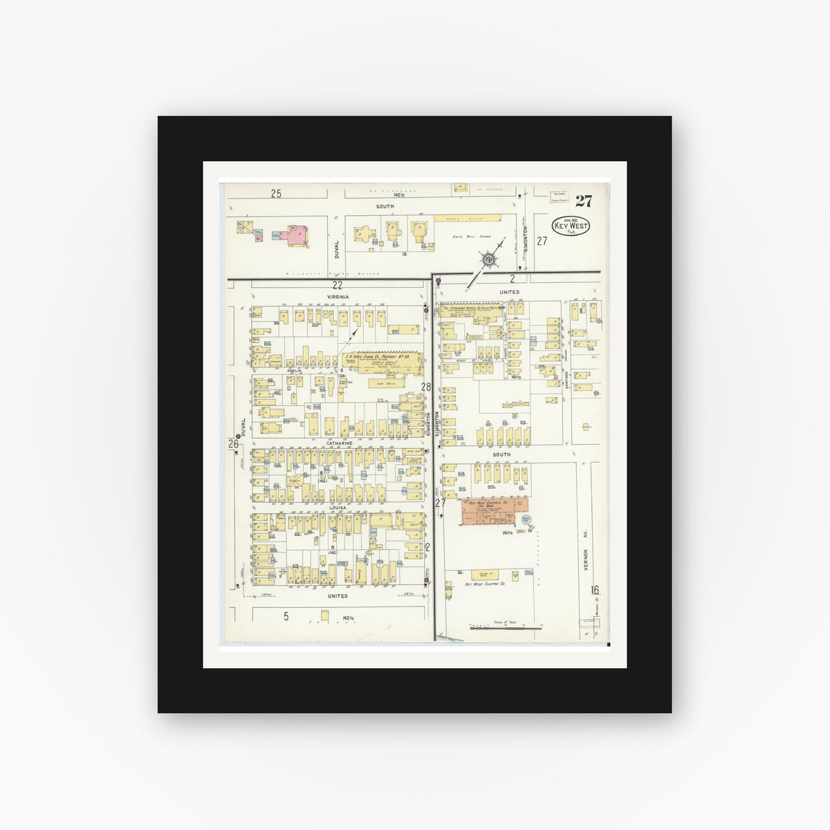 Old map wall art mockup — black gallery frame with white mat — Sanborn Fire Insurance Map from Key West, Monroe County, Florida (1912), Sheet #0027