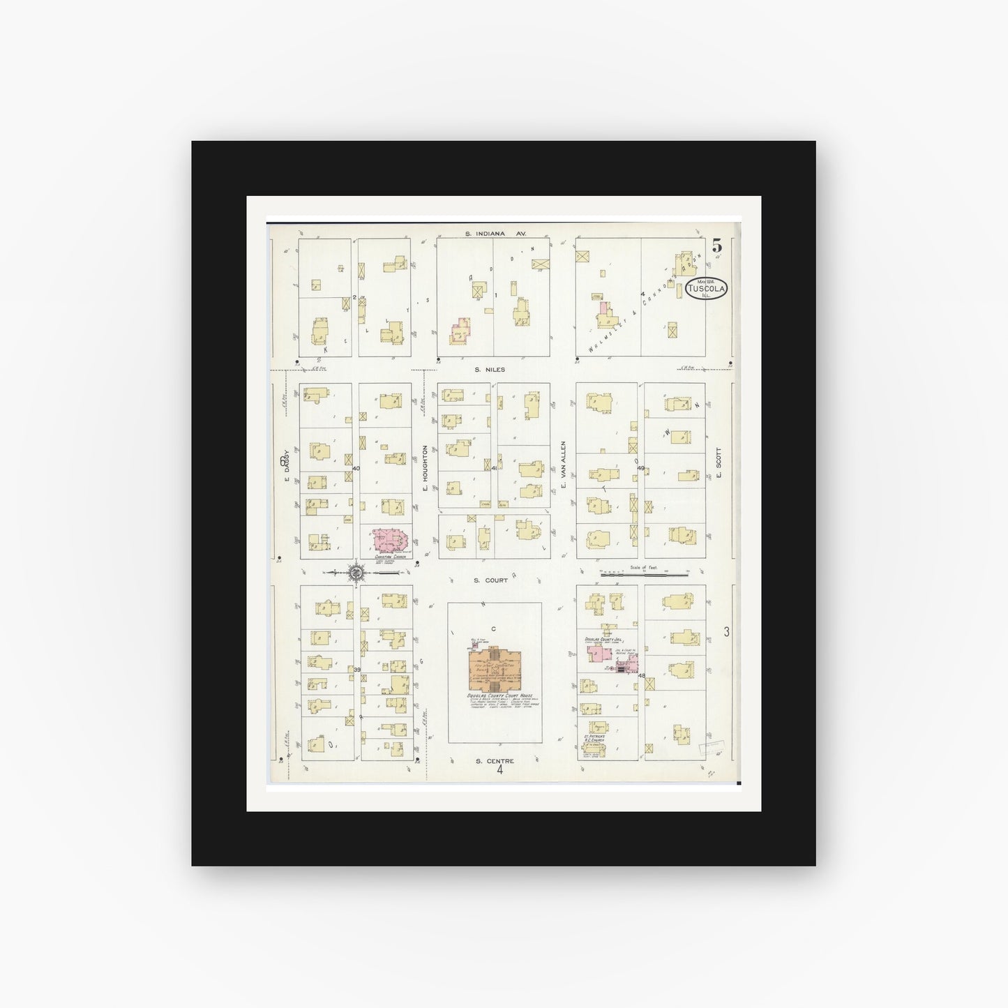 Old map wall art mockup — black gallery frame with white mat — Sanborn Fire Insurance Map from Tuscola, Douglas County, Illinois (1914), Sheet #0005