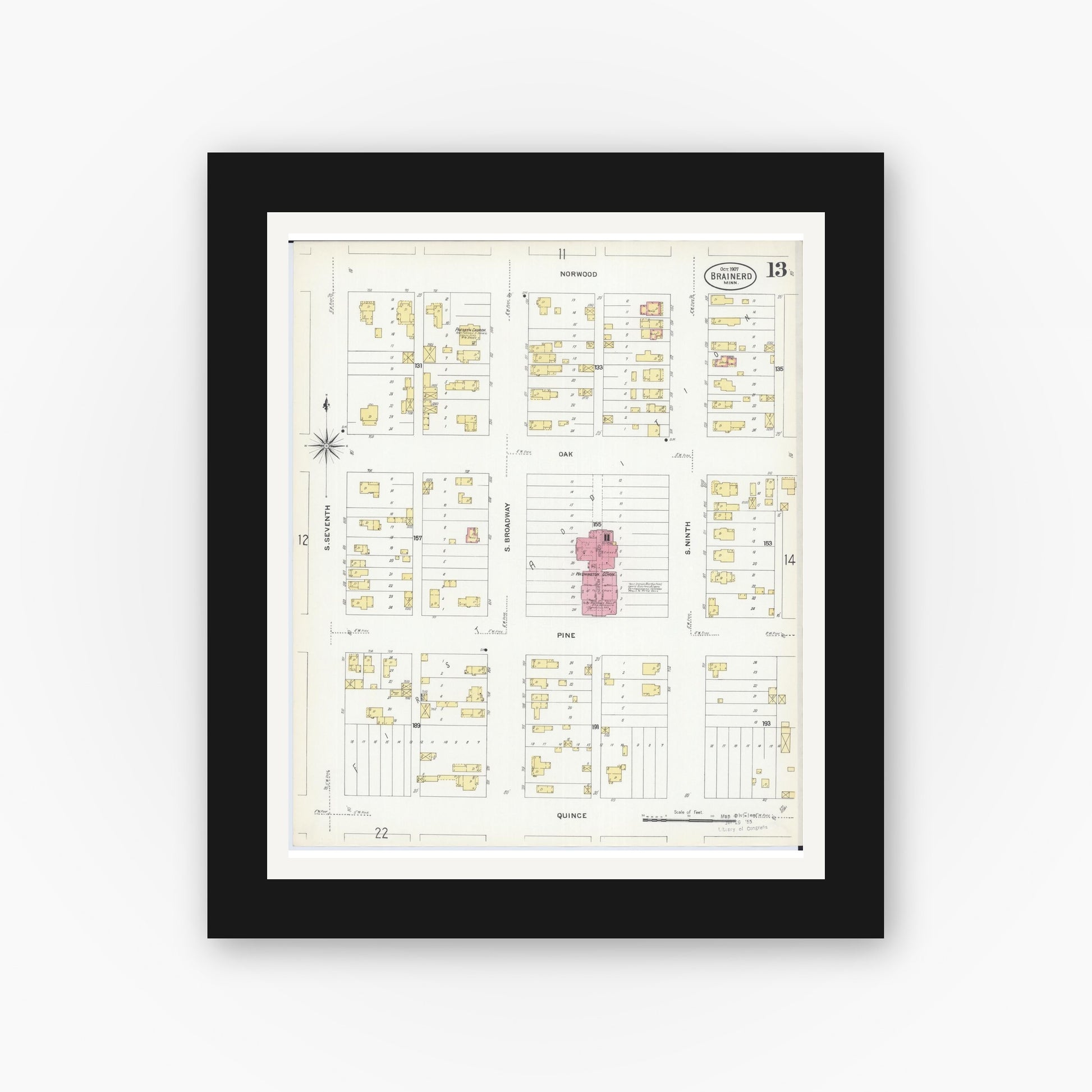 Old map wall art mockup — black gallery frame with white mat — Sanborn Fire Insurance Map from Brainerd, Crow Wing County, Minnesota (1907), Sheet #0013