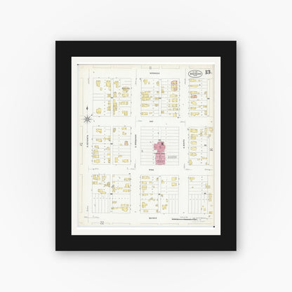 Old map wall art mockup — black gallery frame with white mat — Sanborn Fire Insurance Map from Brainerd, Crow Wing County, Minnesota (1907), Sheet #0013
