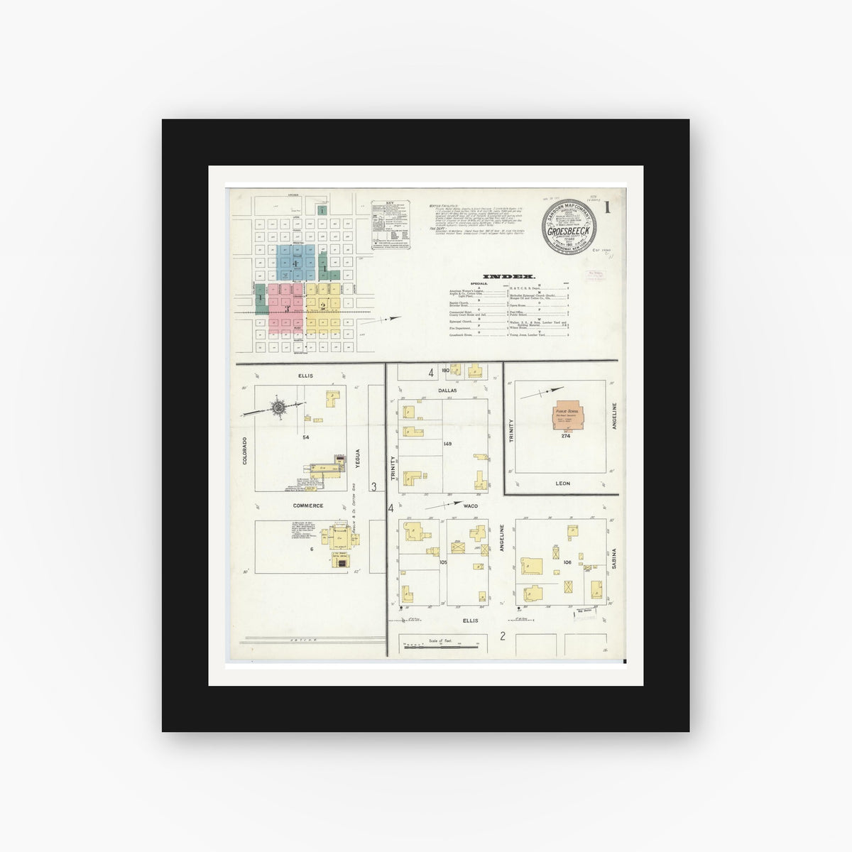 Old map wall art mockup — black gallery frame with white mat — Sanborn Fire Insurance Map from Groesbeck, Limestone County, Texas (1911) - Complete Map Set