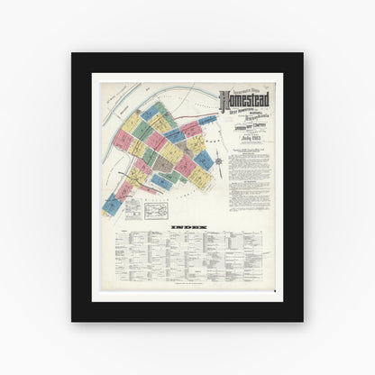 Old map wall art mockup — black gallery frame with white mat — Sanborn Fire Insurance Map from Homestead, Allegheny County, Pennsylvania (1913), Sheet #0001
