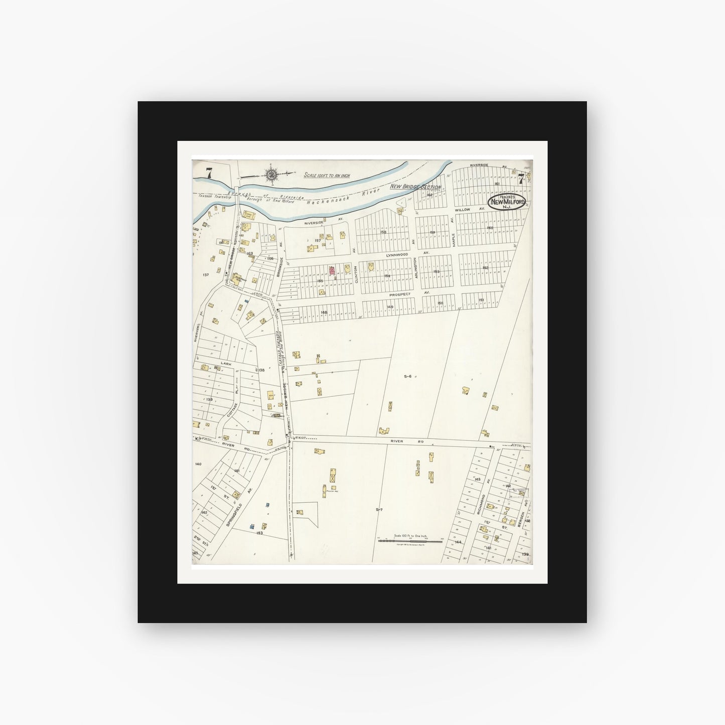 Old map wall art mockup — black gallery frame with white mat — Sanborn Fire Insurance Map from New Milford, Bergen County, New Jersey (1923), Sheet #0007