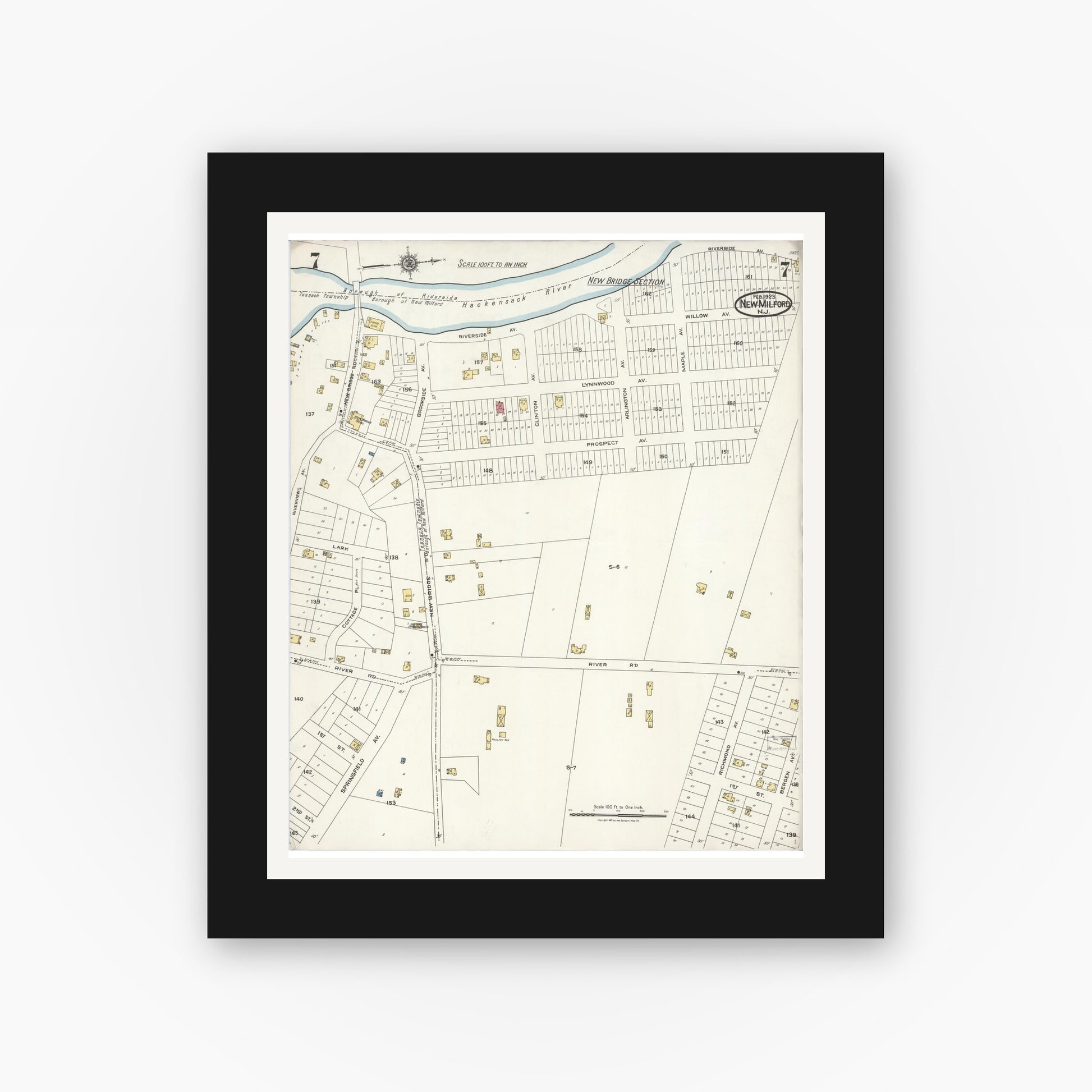 Old map wall art mockup — black gallery frame with white mat — Sanborn Fire Insurance Map from New Milford, Bergen County, New Jersey (1923), Sheet #0007