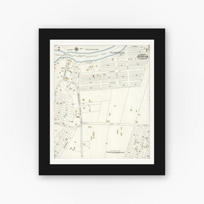 Old map wall art mockup — black gallery frame with white mat — Sanborn Fire Insurance Map from New Milford, Bergen County, New Jersey (1923), Sheet #0007